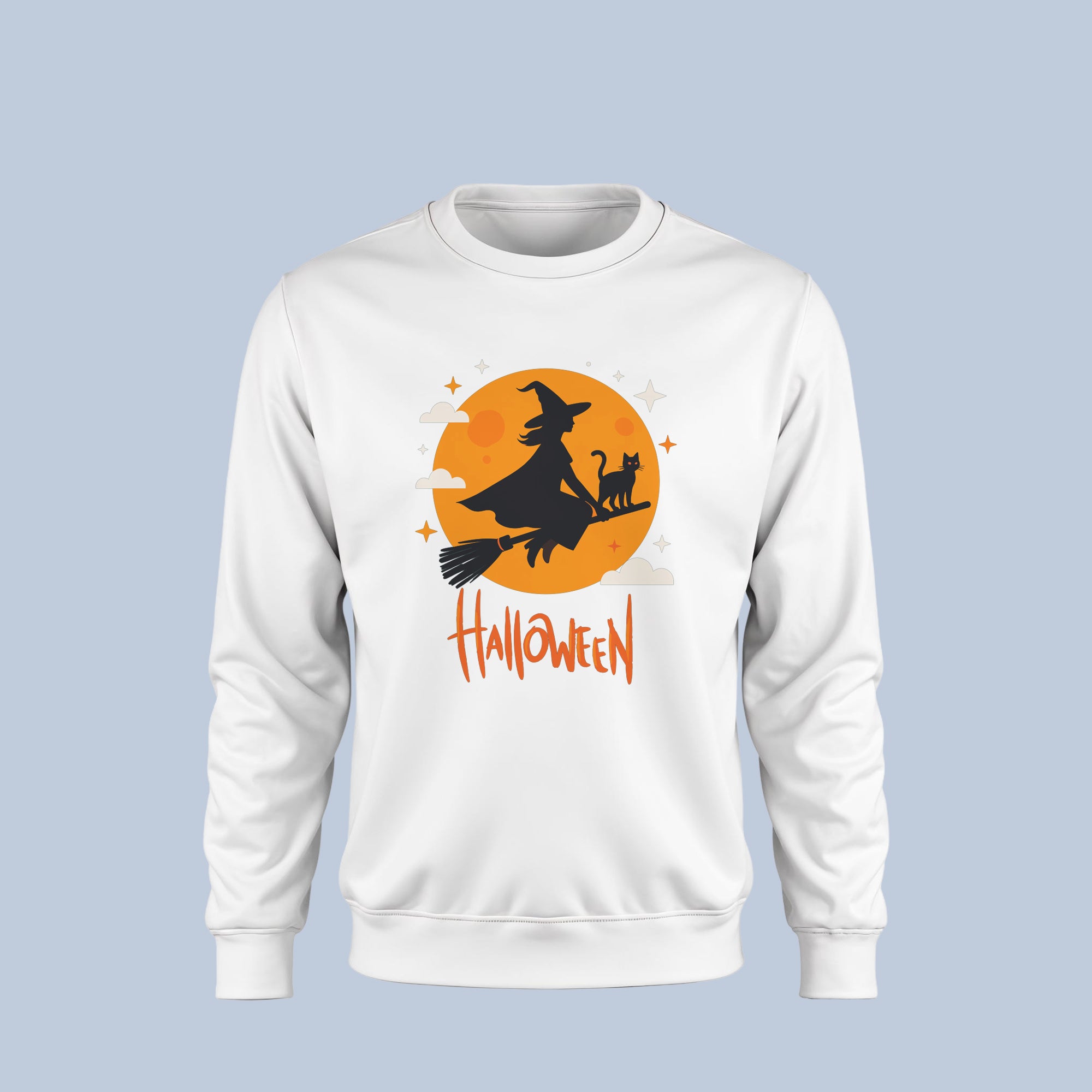 Witch Halloween Sweatshirt β Flying Witch and Cat Graphic Pullover β Spooky Fall Crewneck for Women & Men