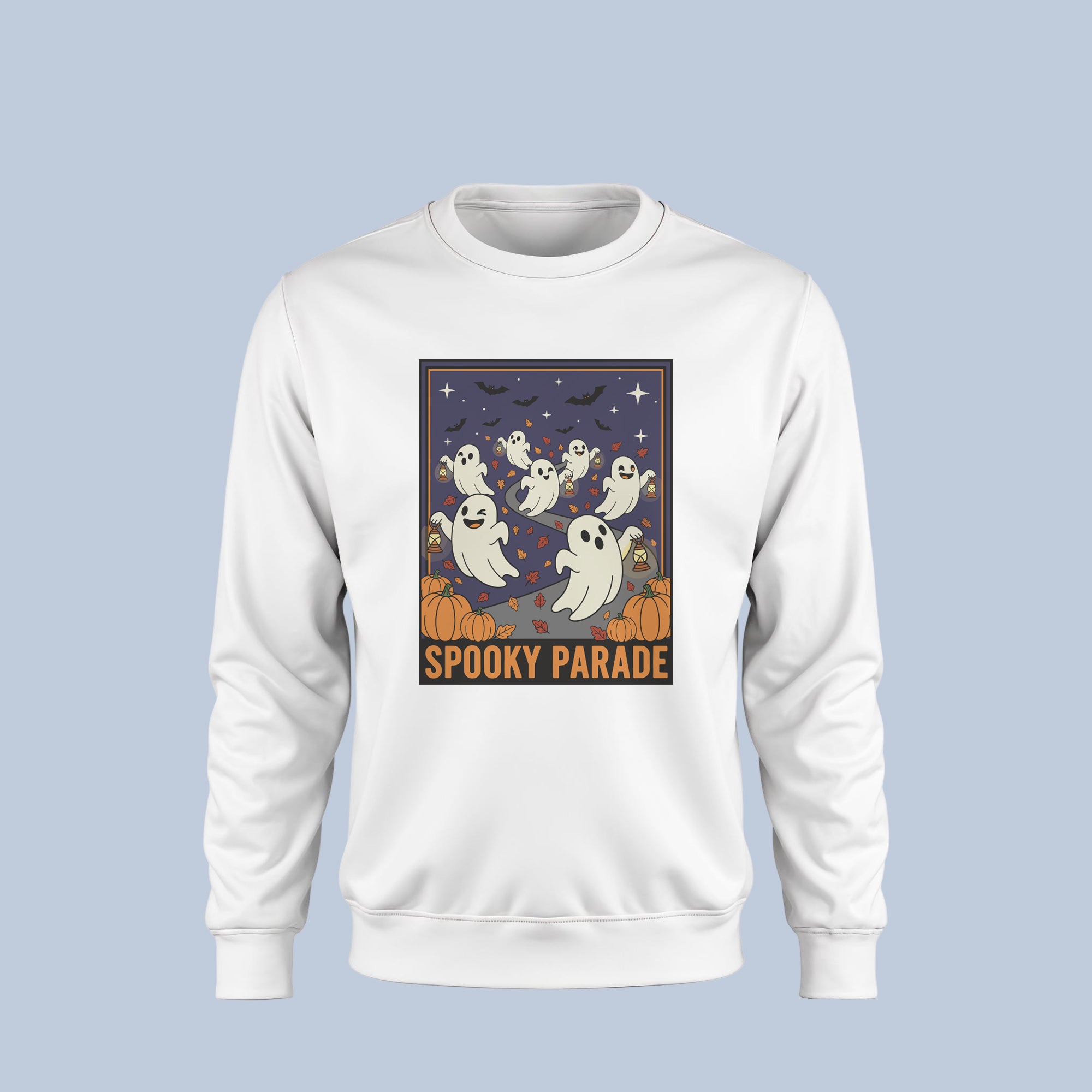 Spooky Parade Ghost Halloween Sweatshirt – Cute Ghost Crewneck – Fall Pumpkin & Bat Design for Men & Women