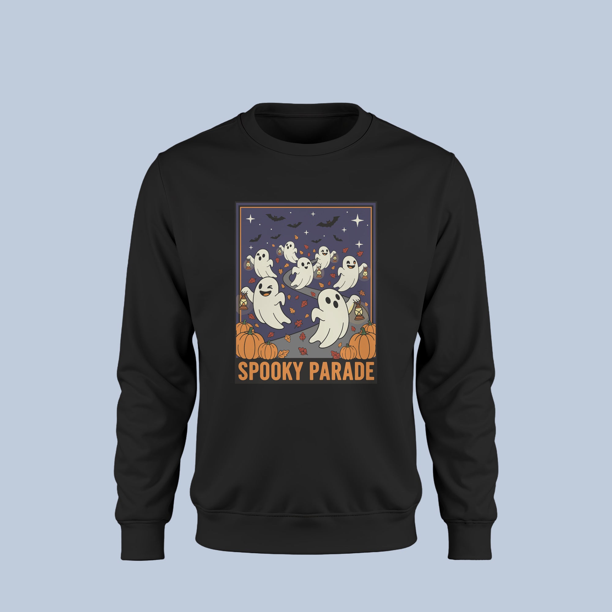 Spooky Parade Ghost Halloween Sweatshirt – Cute Ghost Crewneck – Fall Pumpkin & Bat Design for Men & Women