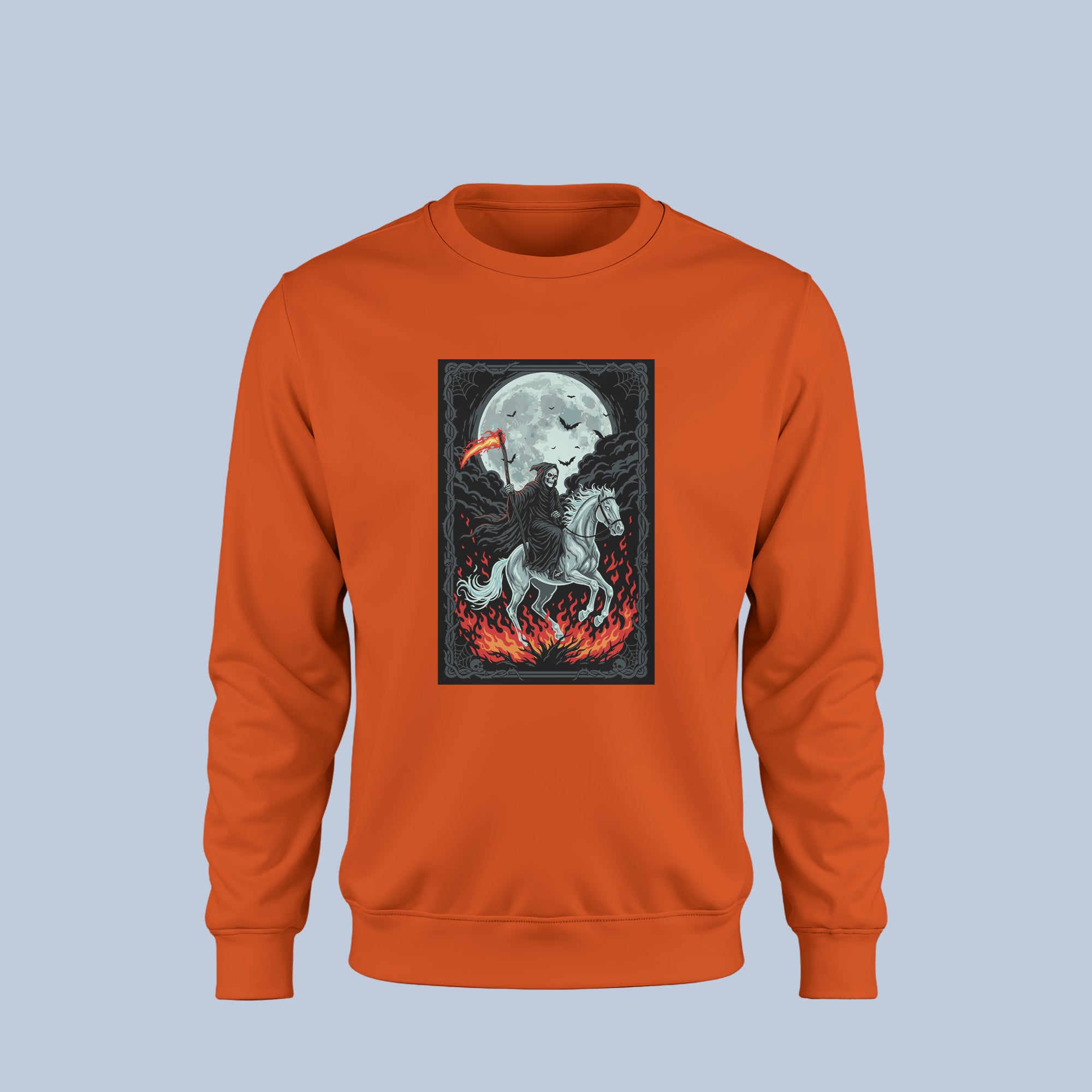 Grim Reaper Halloween Sweatshirt β Death Rider on Fire Horse Gothic Crewneck β Spooky Horror Pullover for Men & Women 3