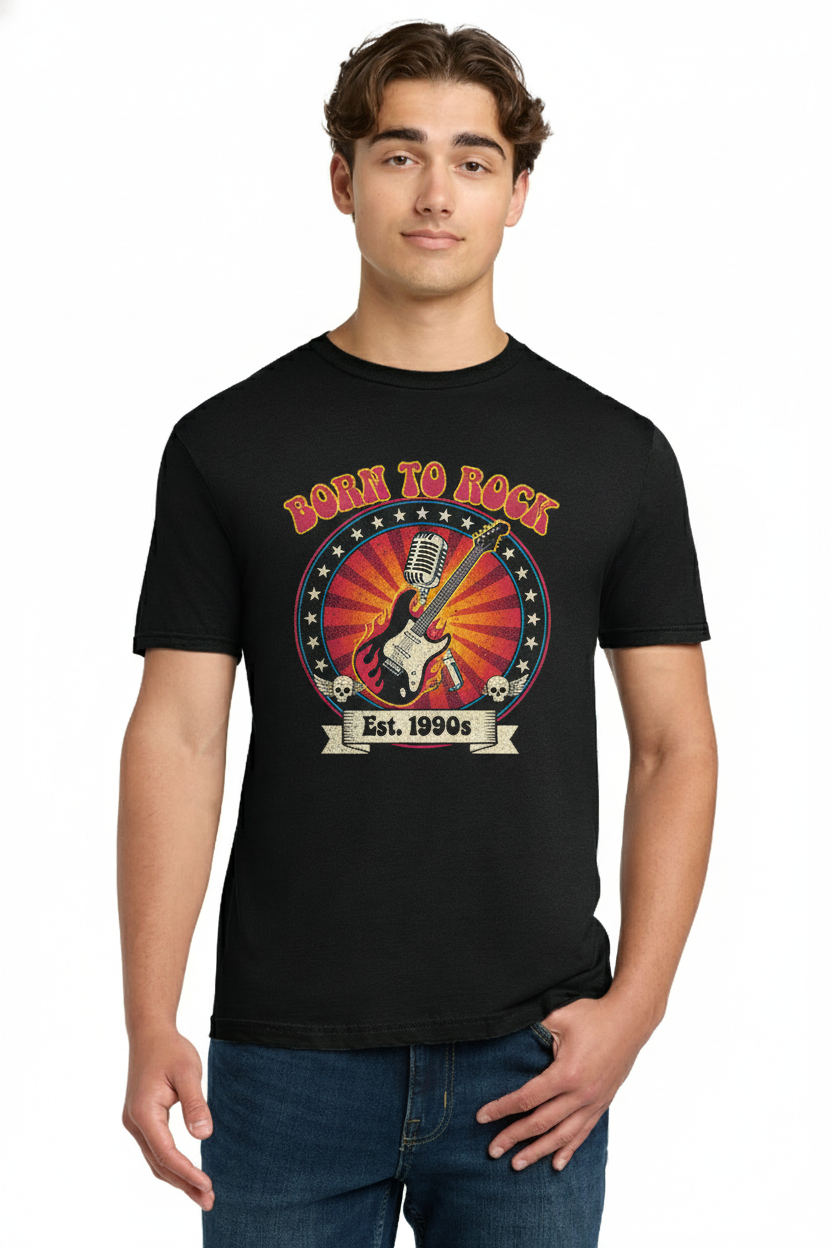 Funny 1990s Birthday T-Shirt "Born to Rock", Retro Guitar & Mic Graphic Tee, Classic Rock Nostalgia Gift