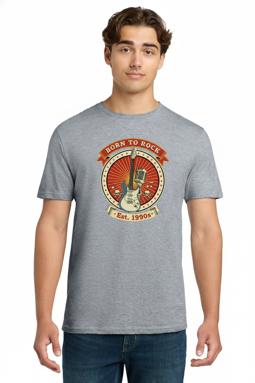 Funny 1990s Birthday T-Shirt "Born to Rock", Retro Guitar & Mic Graphic Tee, Classic Rock Nostalgia Gift 4