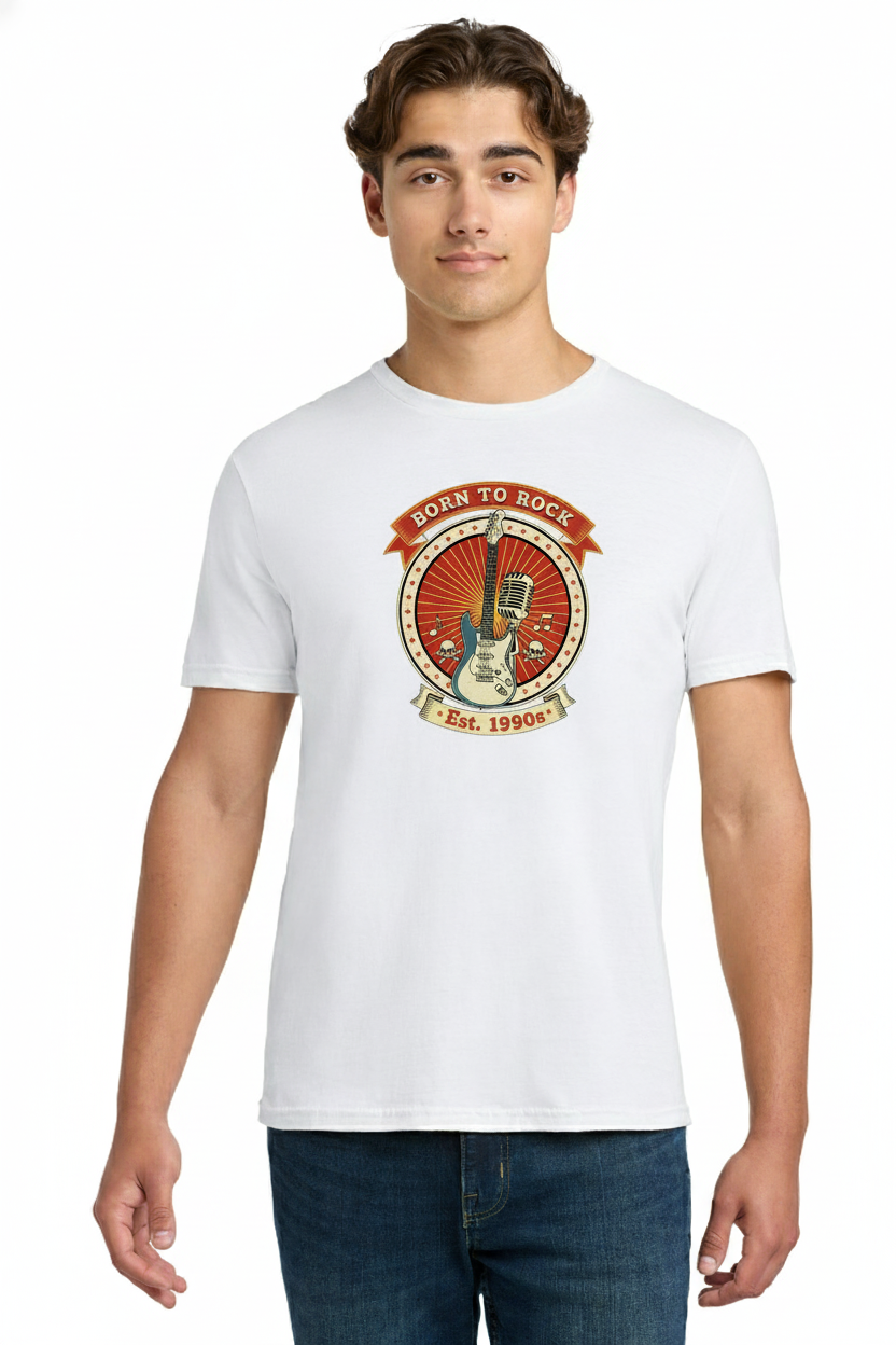 Funny 1990s Birthday T-Shirt "Born to Rock", Retro Guitar & Mic Graphic Tee, Classic Rock Nostalgia Gift 2