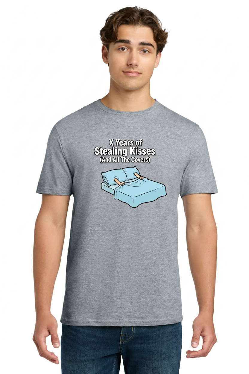 Funny Couples Anniversary 'Stealing Kisses And All The Covers' T-Shirt - Humorous X Years Commemorative Gift for Husband, Wife, Boyfriend, or Girlfriend 4