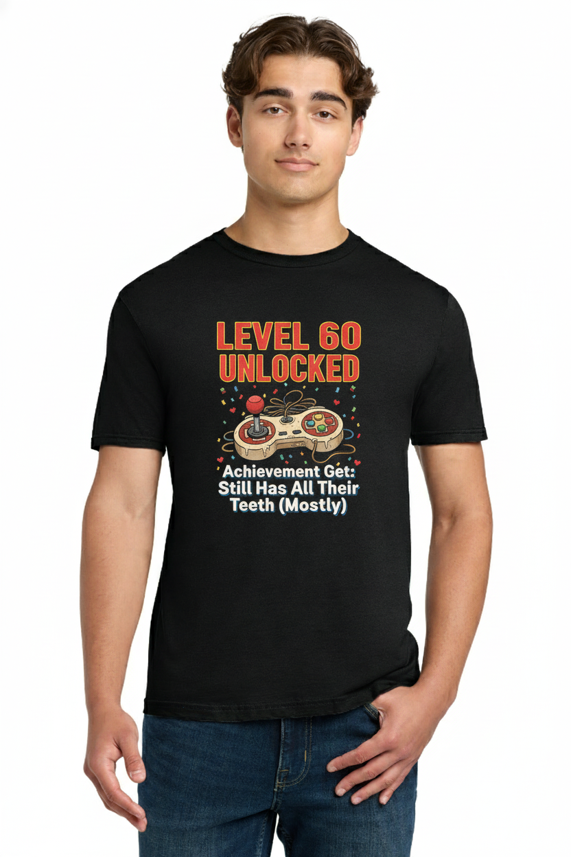 Level 60 Unlocked Funny Gamer 60th Birthday T-Shirt with Still Has All Their Teeth (Mostly) Achievement