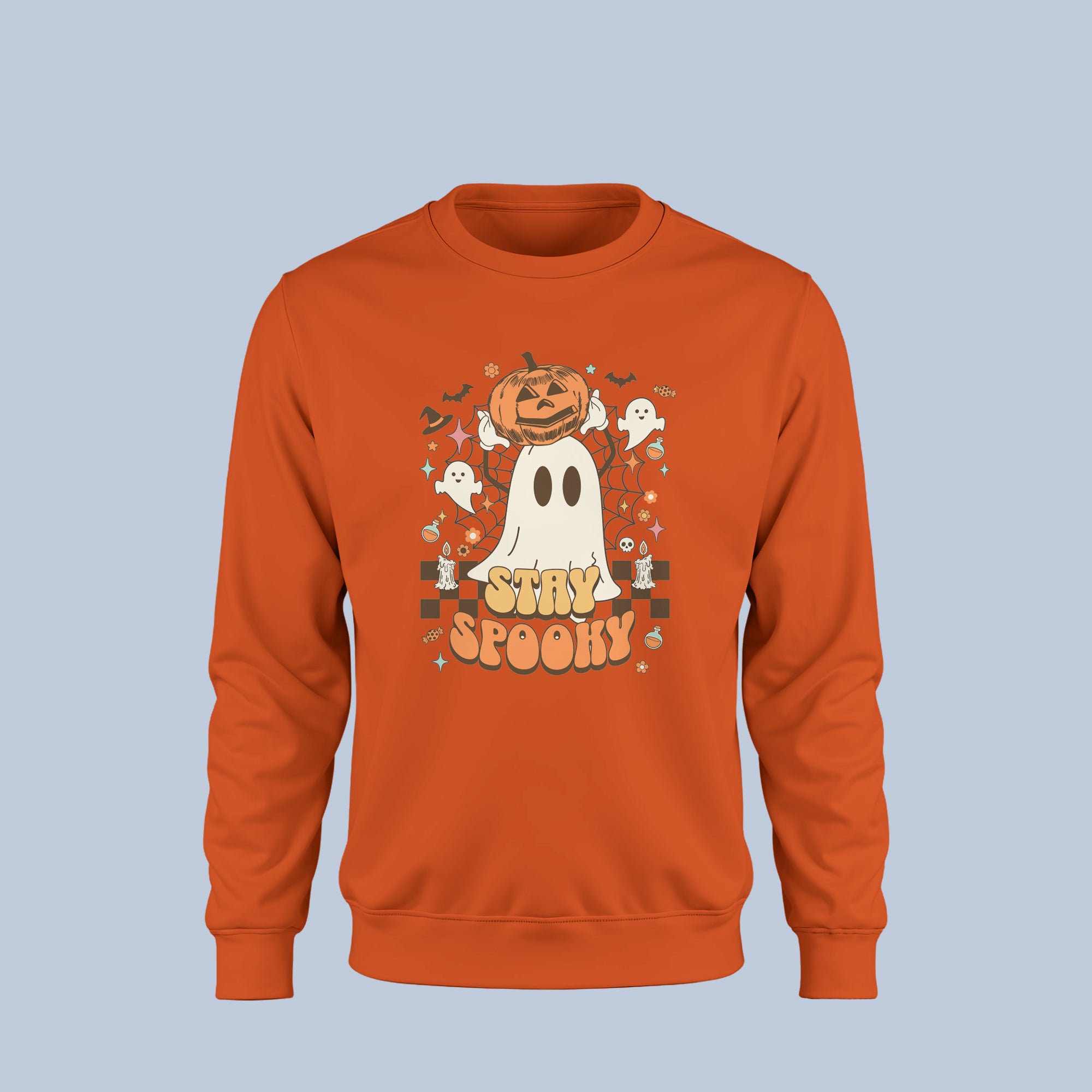 Stay Spooky Halloween Sweatshirt – Cute Retro Ghost & Pumpkin Crewneck – Cozy Fall Pullover for Women & Men