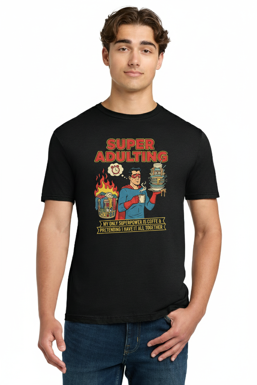 Super Adulting Funny T-Shirt, My Only Superpower is Coffee & Pretending Sarcastic Graphic Tee