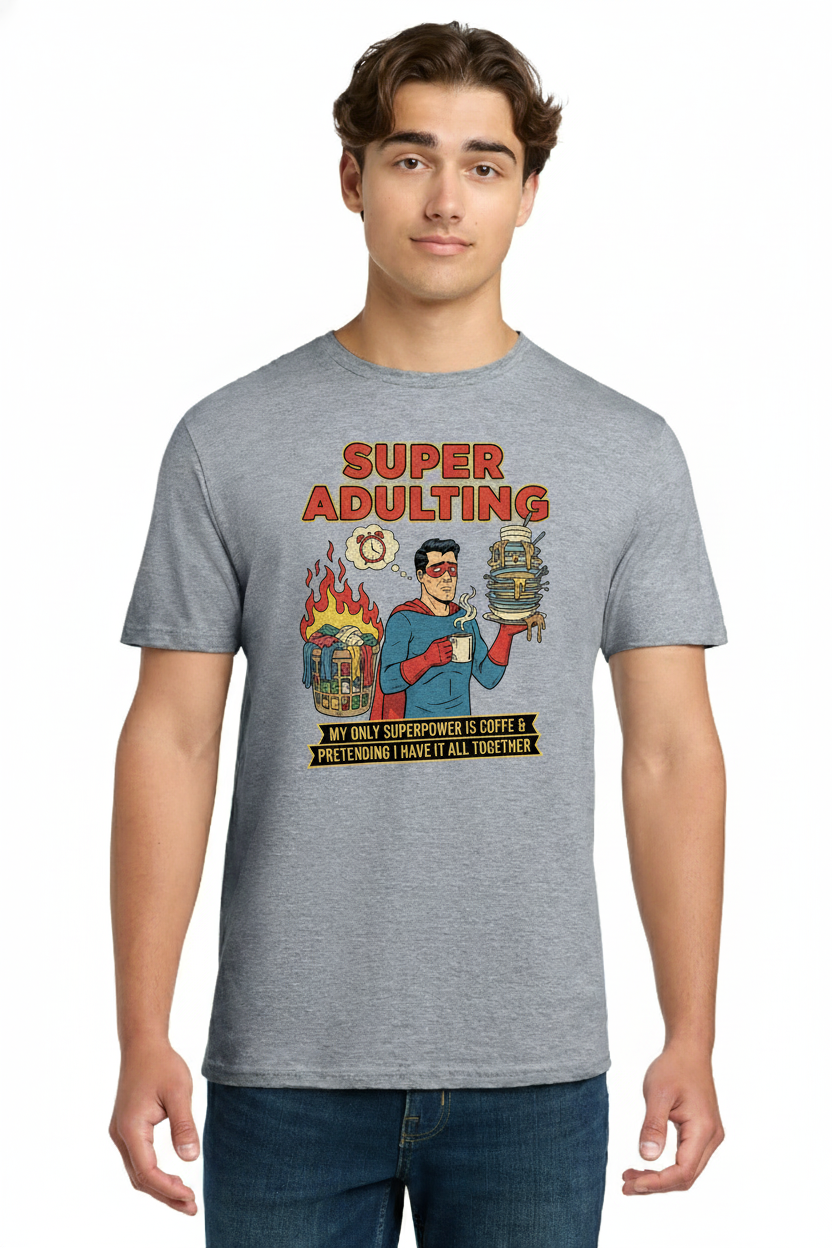 Super Adulting Funny T-Shirt, My Only Superpower is Coffee & Pretending Sarcastic Graphic Tee 4