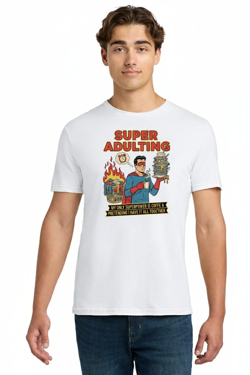 Super Adulting Funny T-Shirt, My Only Superpower is Coffee & Pretending Sarcastic Graphic Tee 2