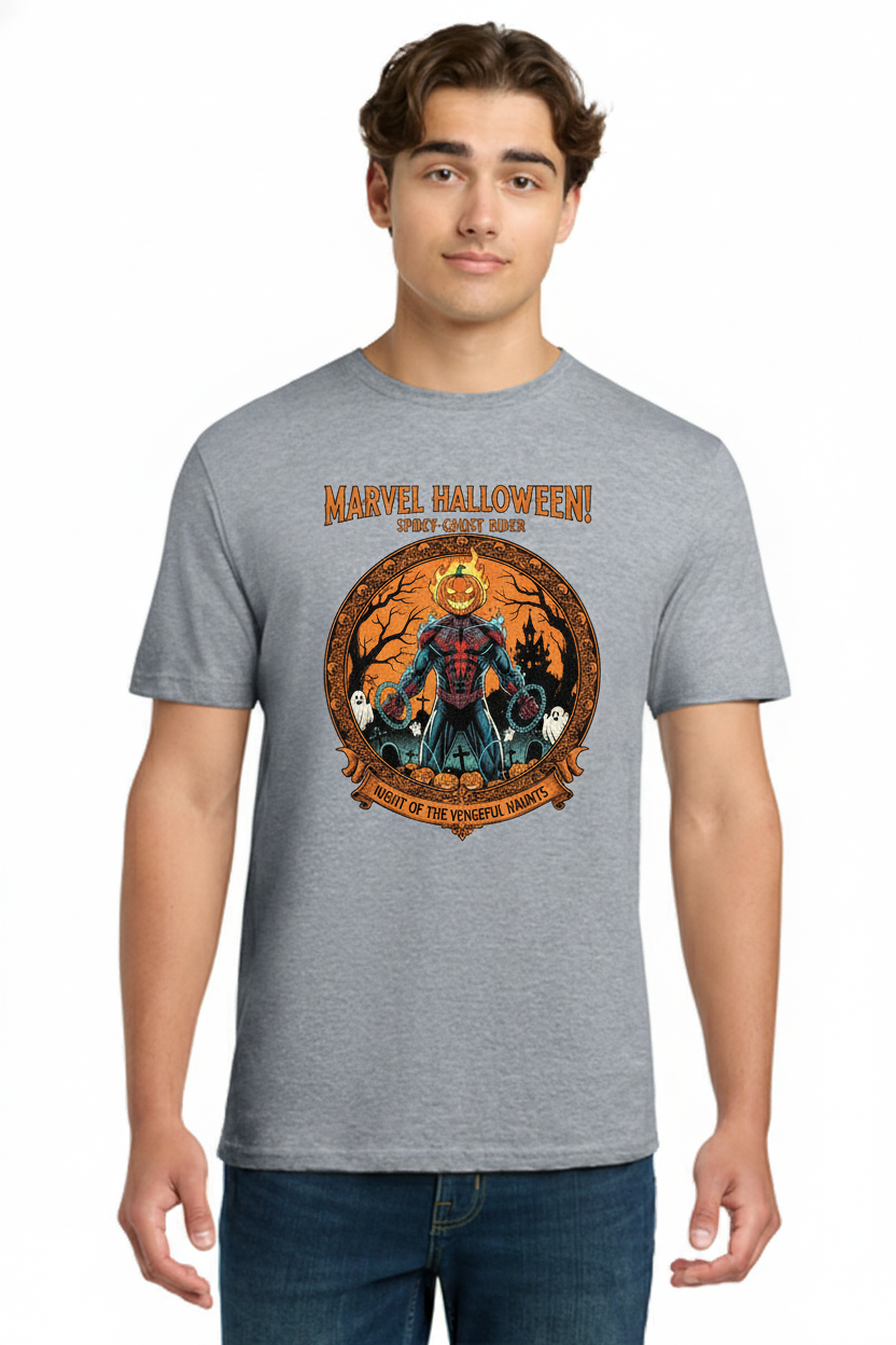 The Official Marvel Halloween T-Shirt Featuring the Spidey-Ghost Rider Mashup with Flaming Pumpkin Head Tee 4