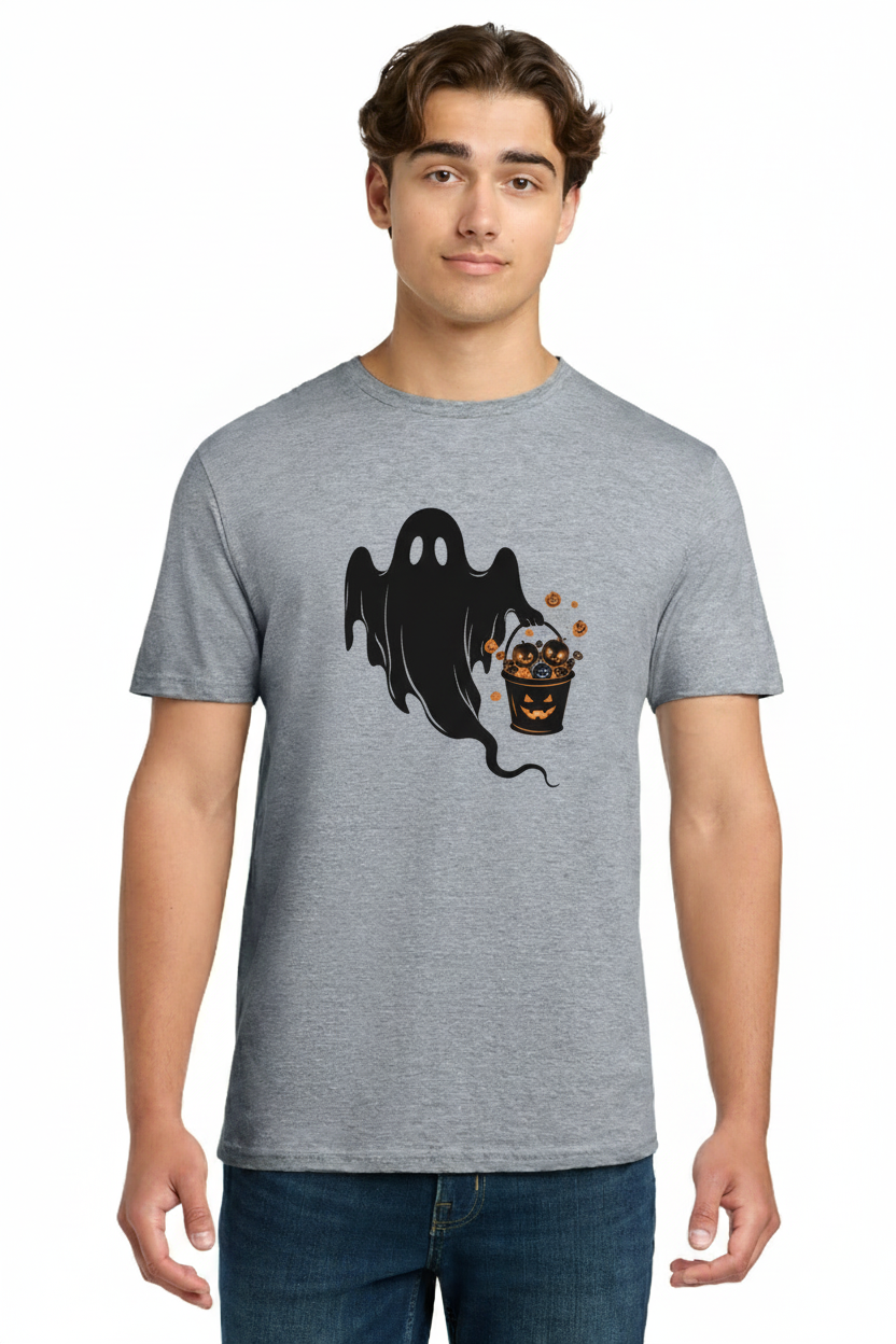 Trick-or-Treat Ghost T-Shirt - Spooky Floating Spirit with Pumpkin Candy Bucket Graphic Tee 4