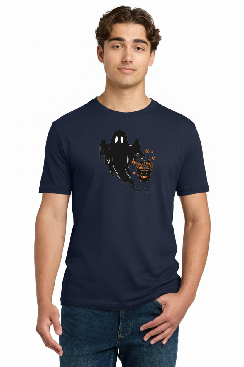 Trick-or-Treat Ghost T-Shirt - Spooky Floating Spirit with Pumpkin Candy Bucket Graphic Tee 3