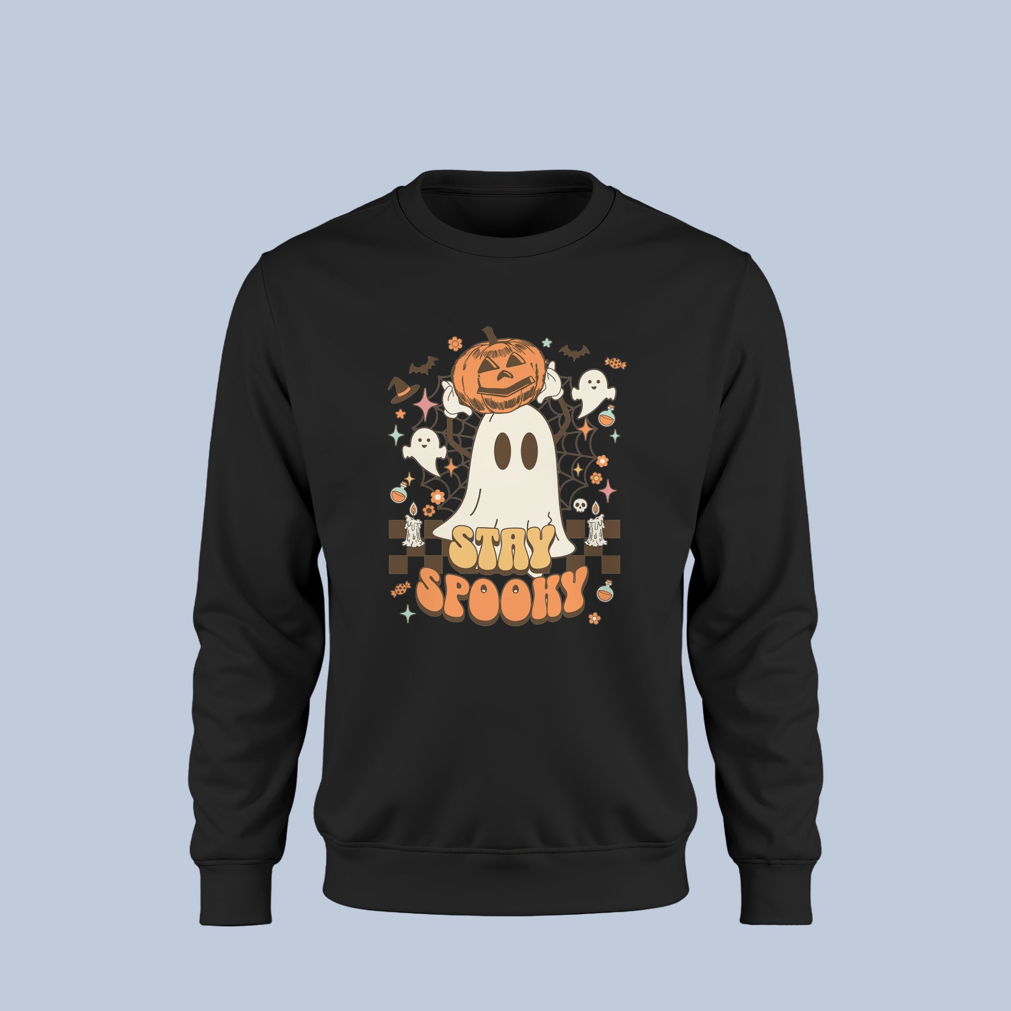 Stay Spooky Halloween Sweatshirt – Cute Retro Ghost & Pumpkin Crewneck – Cozy Fall Pullover for Women & Men