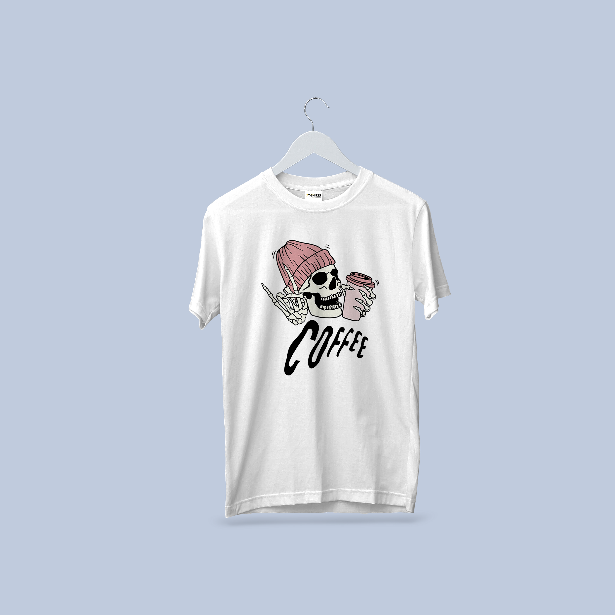 "Pink Beanie Skull Coffee" Graphic T-Shirt - White Unisex Tee