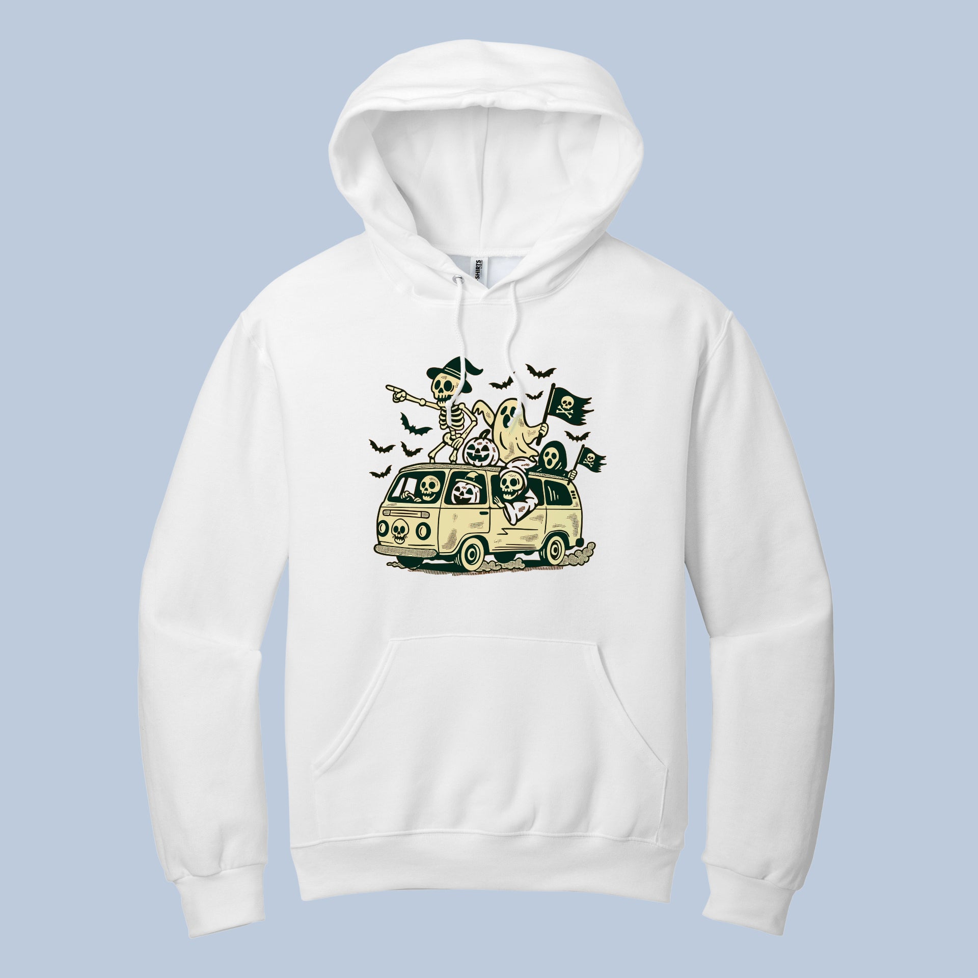 Skeleton Ghost Van Halloween Hoodie – Funny Spooky Road Trip Sweatshirt for Men & Women