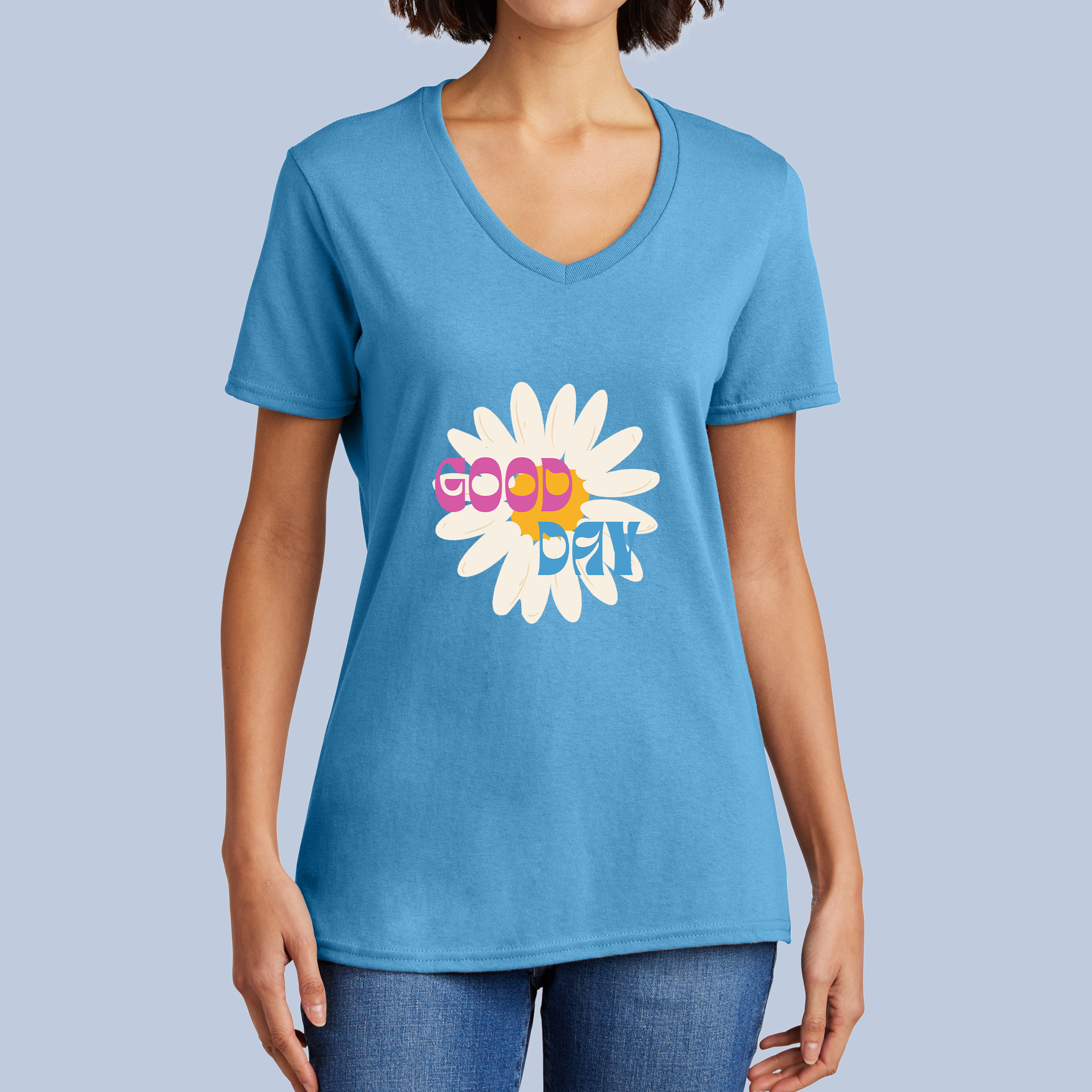 Good Day Daisy V-Neck Cotton T-Shirt - Positive Floral Tee for Women 5