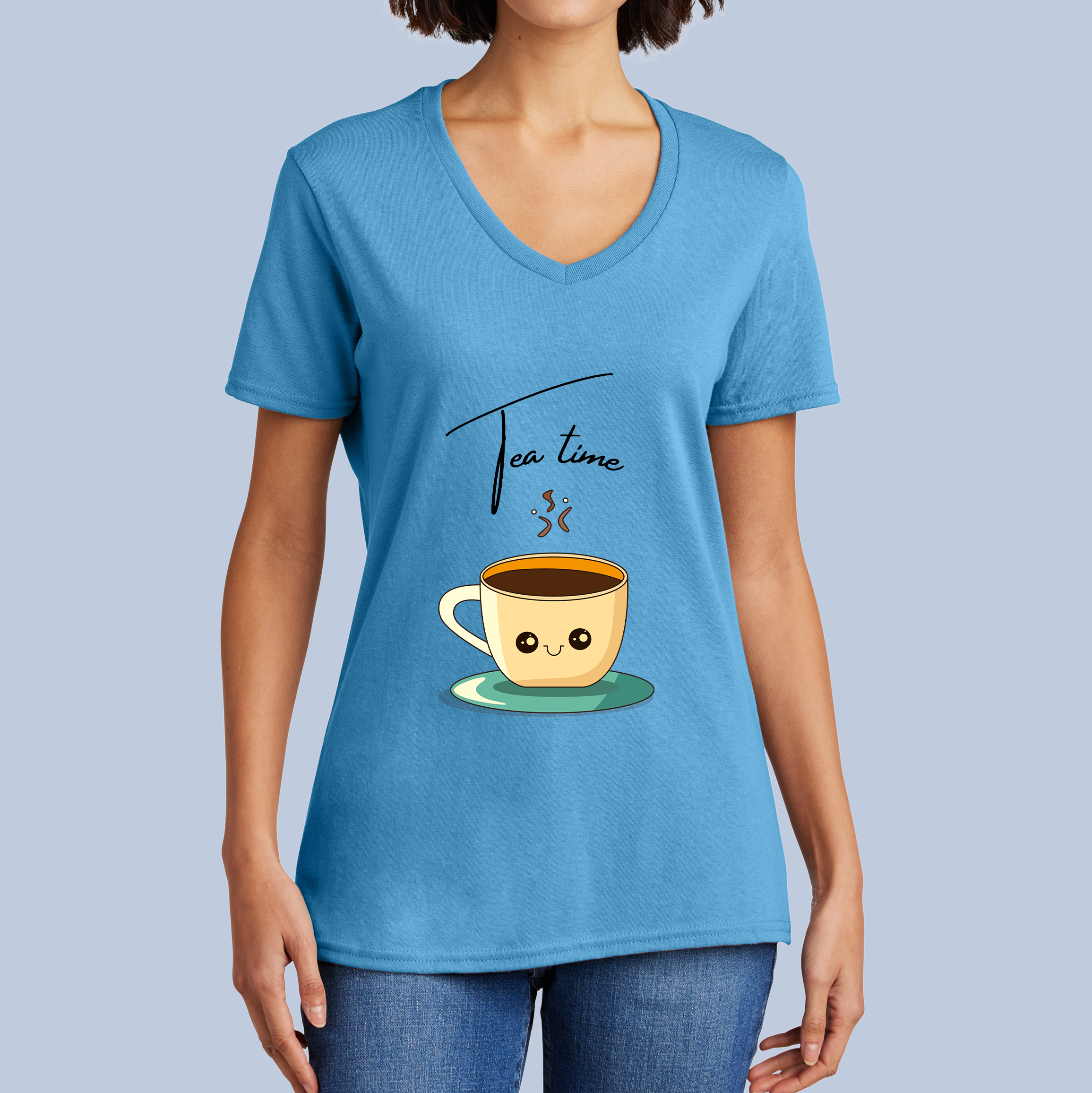 Tea Time V-Neck Cotton T-Shirt - Cute Steaming Cup Tee for Women 5