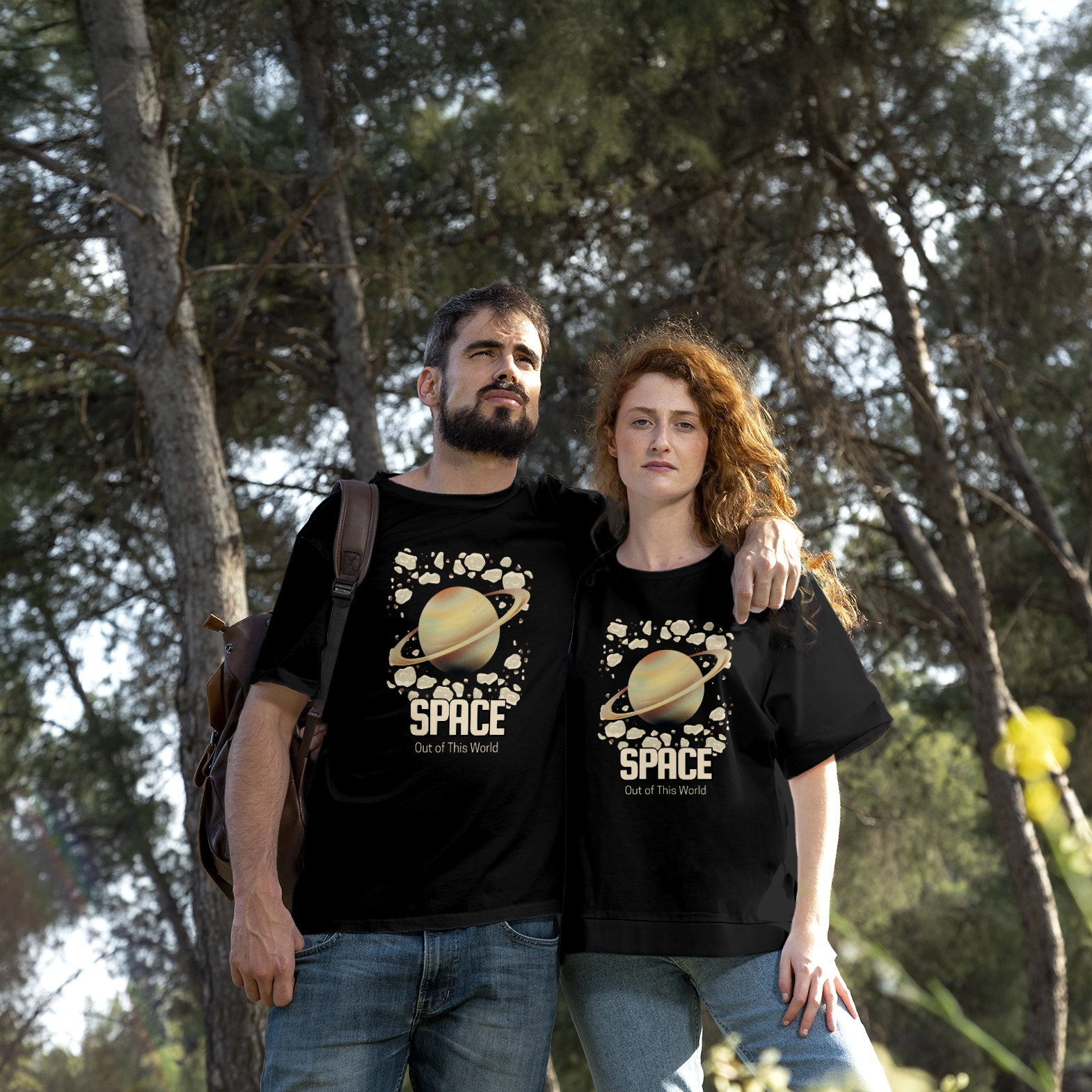 Space Out of This World Saturn & Asteroids Black T-Shirt 4