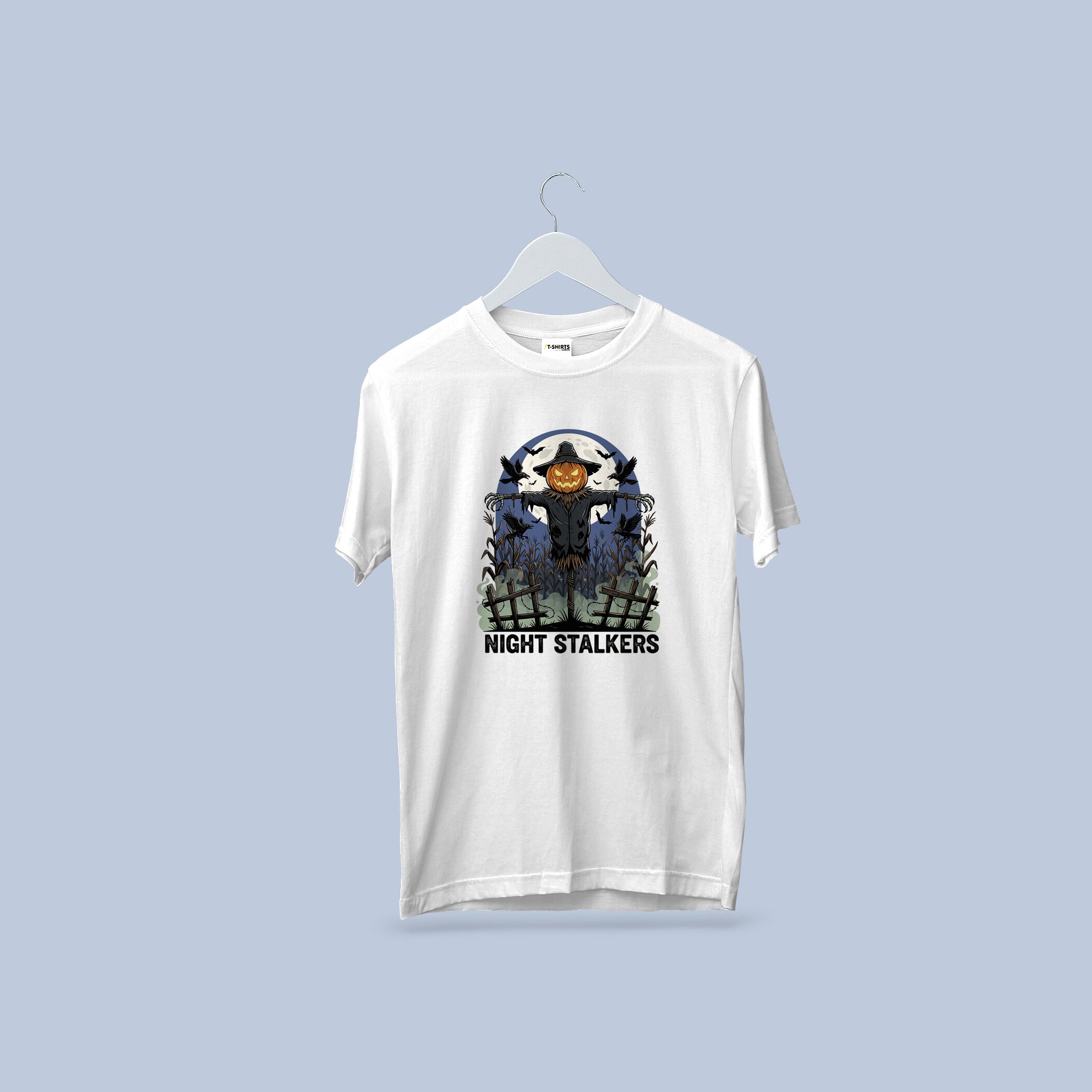 Night Stalkers Halloween T-Shirt – Pumpkin Scarecrow Moon Tee – Spooky Fall Horror Shirt for Men & Women