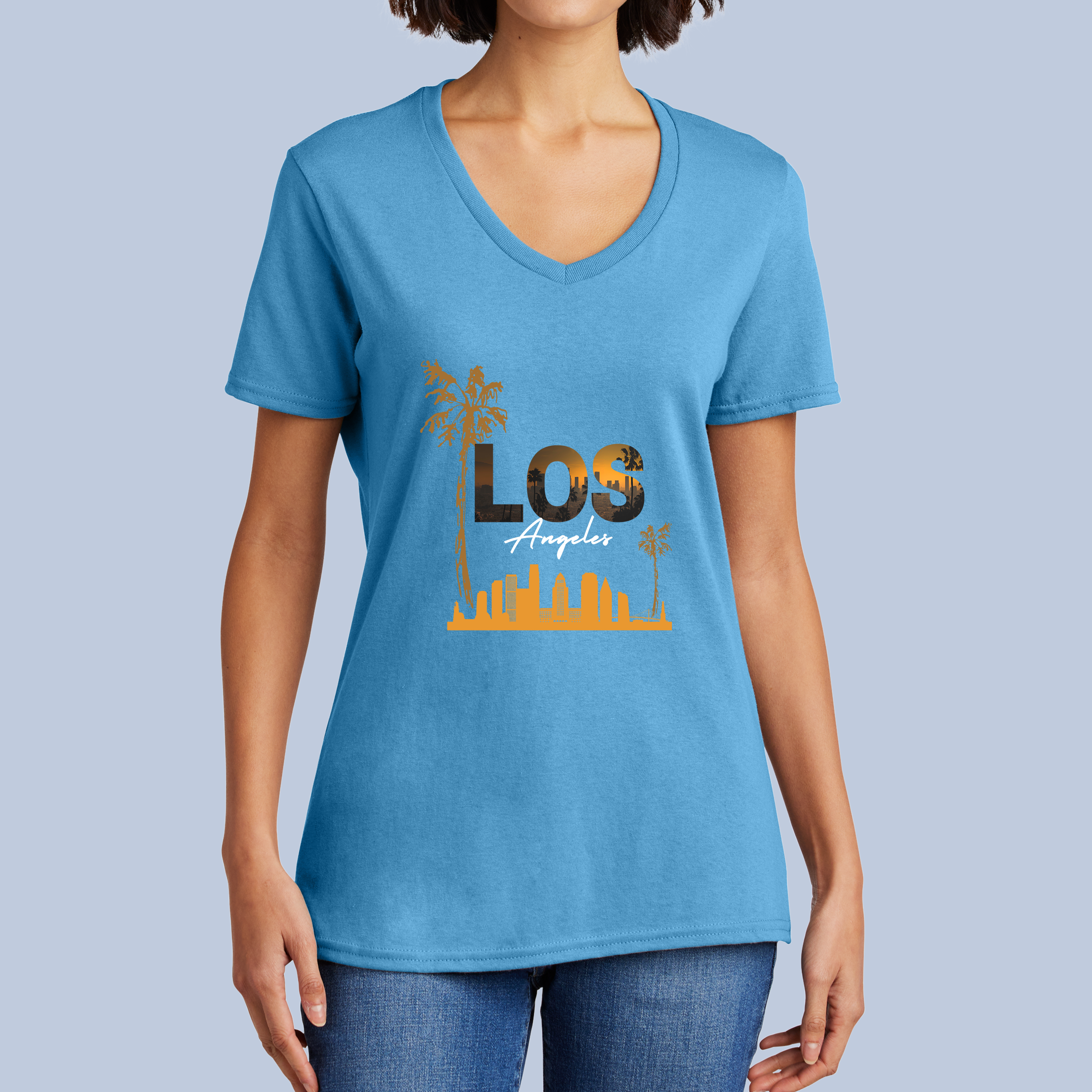 Los Angeles Sunset V-Neck Cotton T-Shirt - California Cityscape Tee for Women 5