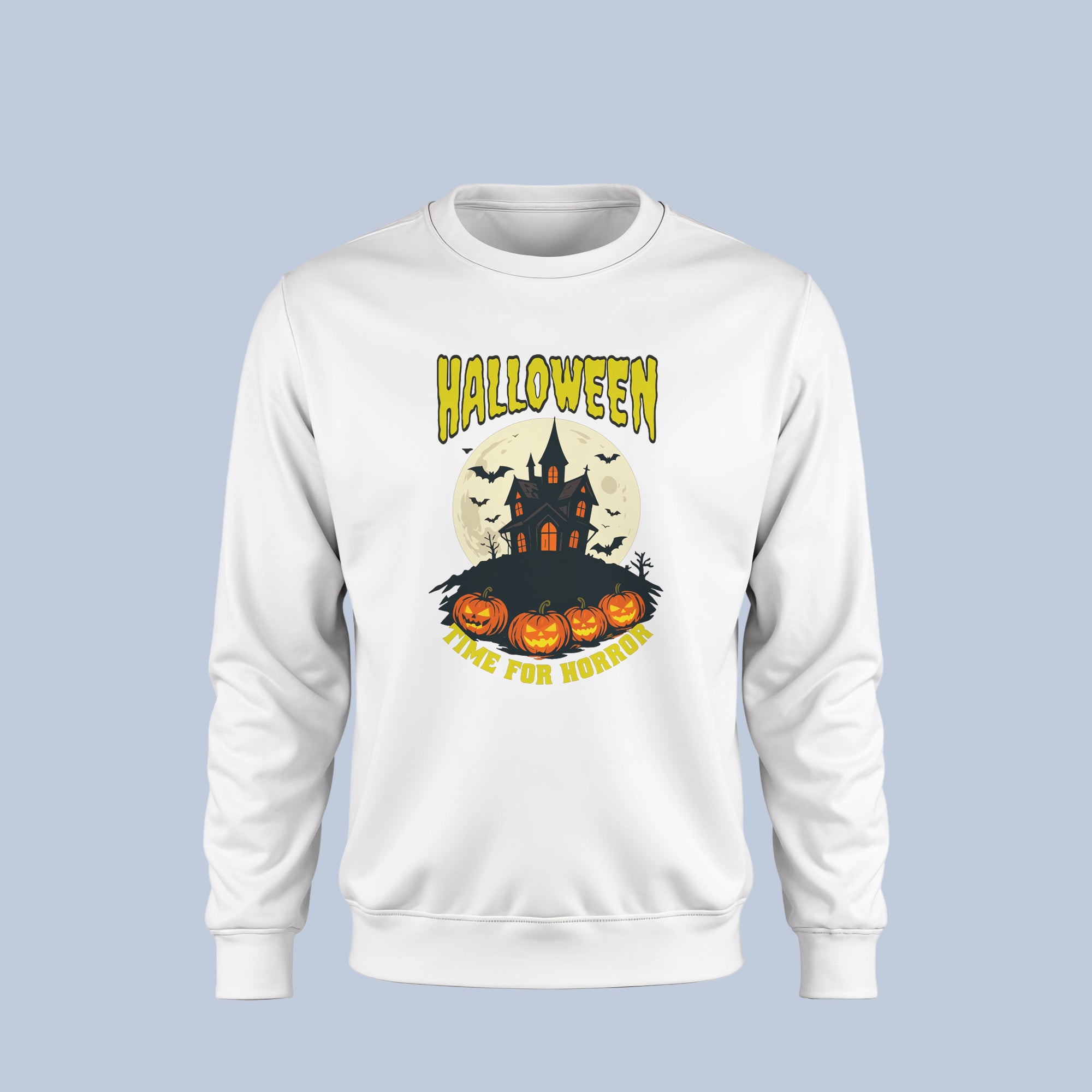 Haunted House Halloween Sweatshirt – Spooky Pumpkin Moon Crewneck – Time for Horror Fall Pullover for Men & Women