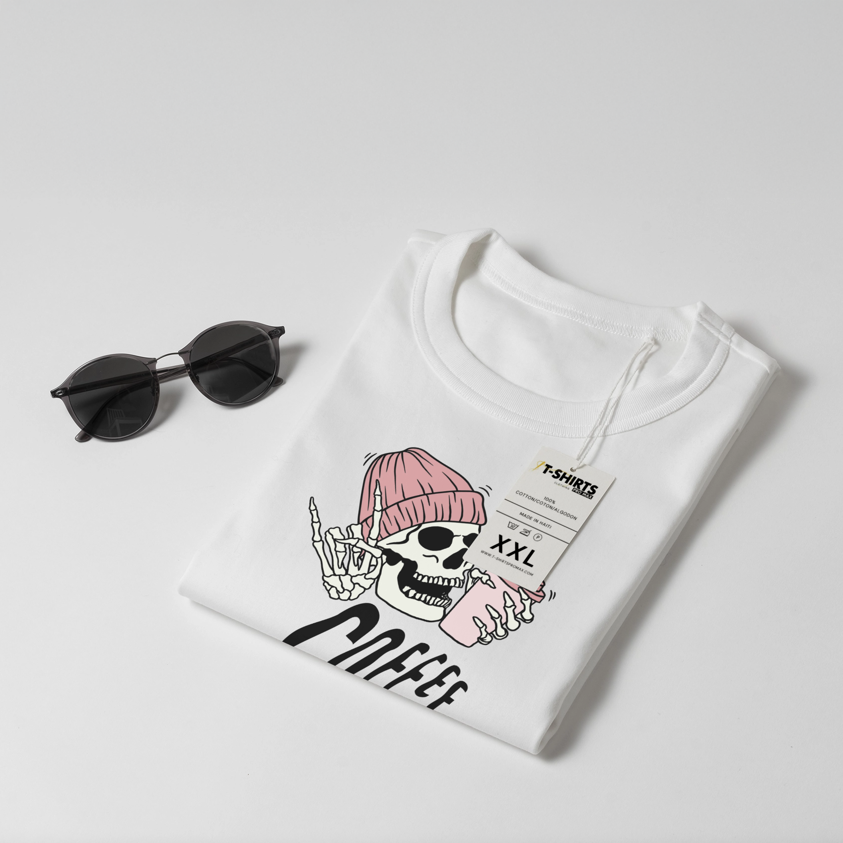 "Pink Beanie Skull Coffee" Graphic T-Shirt - White Unisex Tee 4