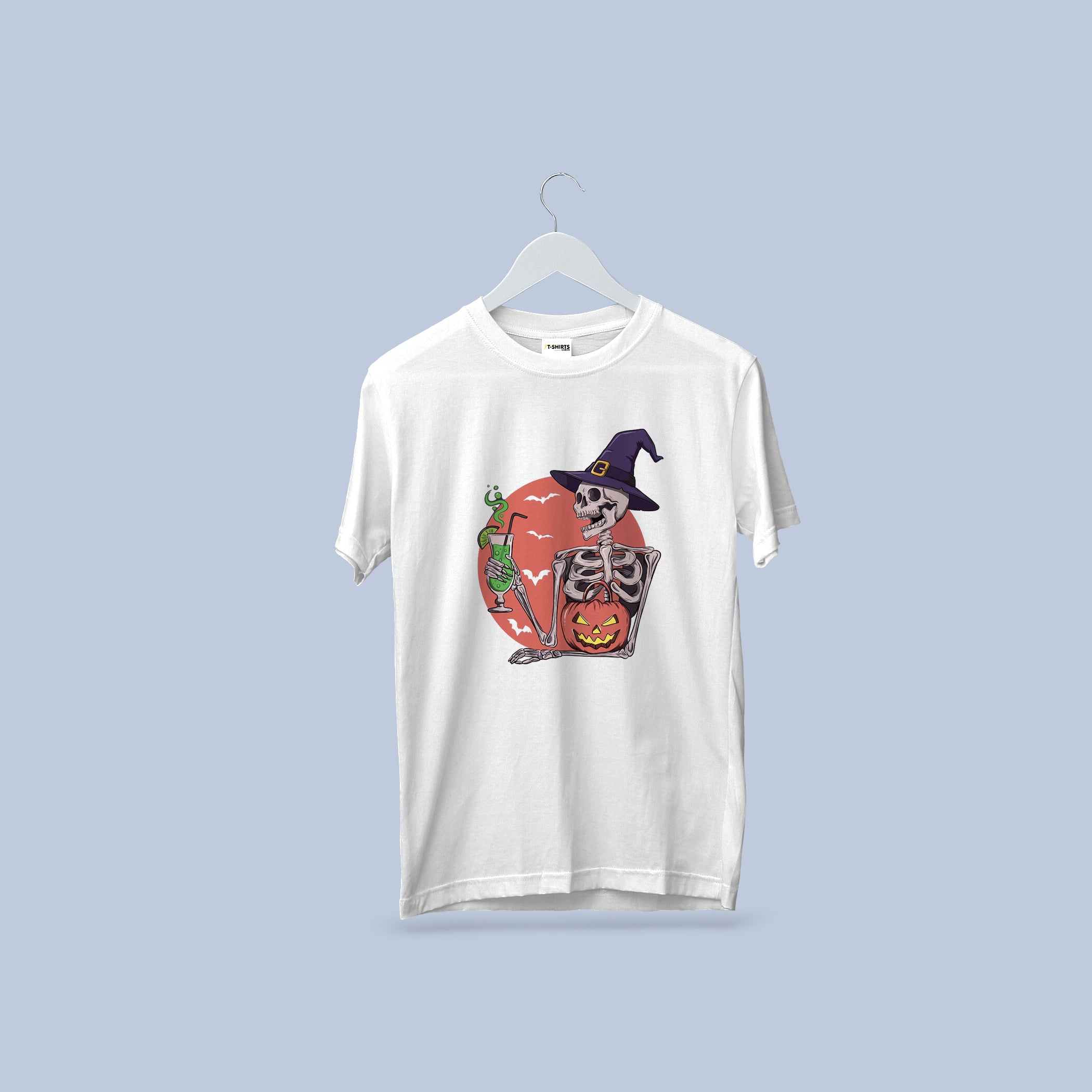 Skeleton Witch Halloween T-Shirt – Spooky Skeleton with Potion and Pumpkin Tee – Funny Halloween Graphic Shirt for Adults