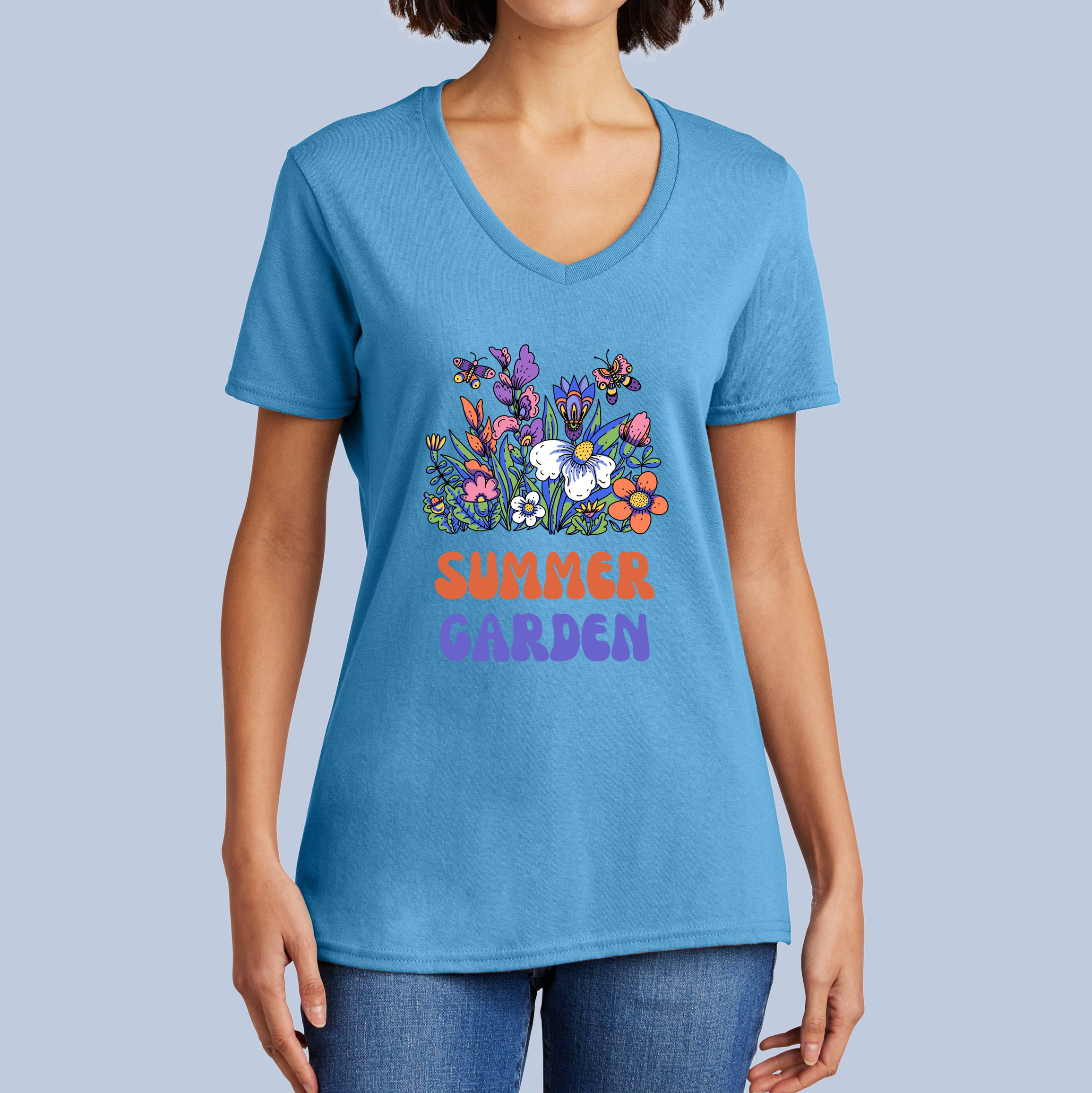 Summer Garden V-Neck Cotton T-Shirt - Vibrant Floral & Bee Tee for Women 5