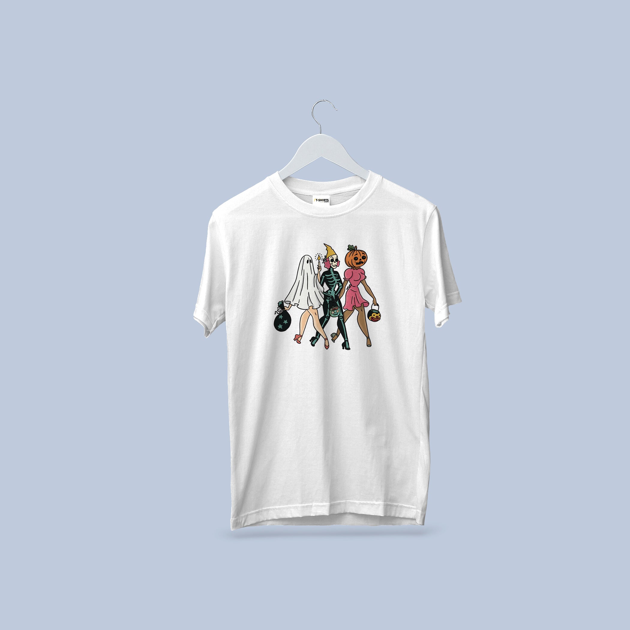 Girls Halloween T-Shirt – Ghost, Skeleton & Pumpkin Head Trio Tee – Cute Spooky Graphic Shirt for Women