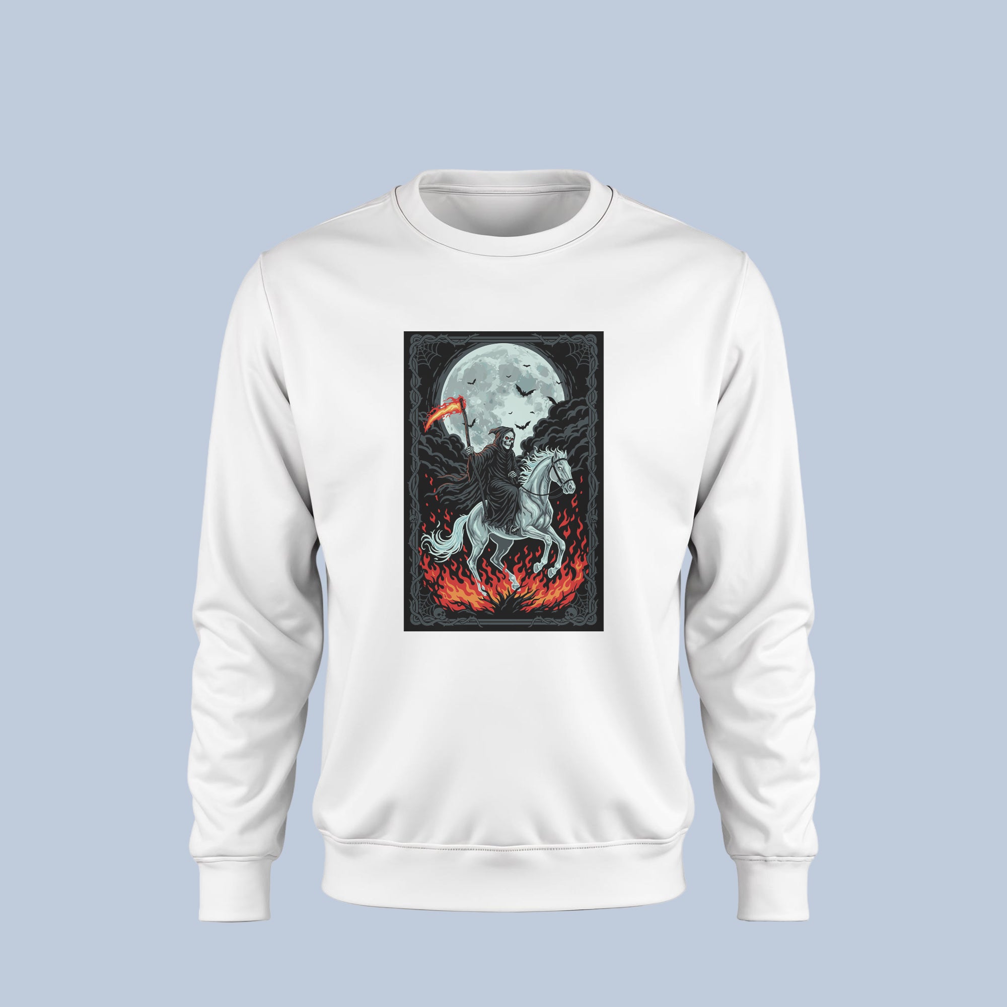 Grim Reaper Halloween Sweatshirt – Death Rider on Fire Horse Gothic Crewneck – Spooky Horror Pullover for Men & Women