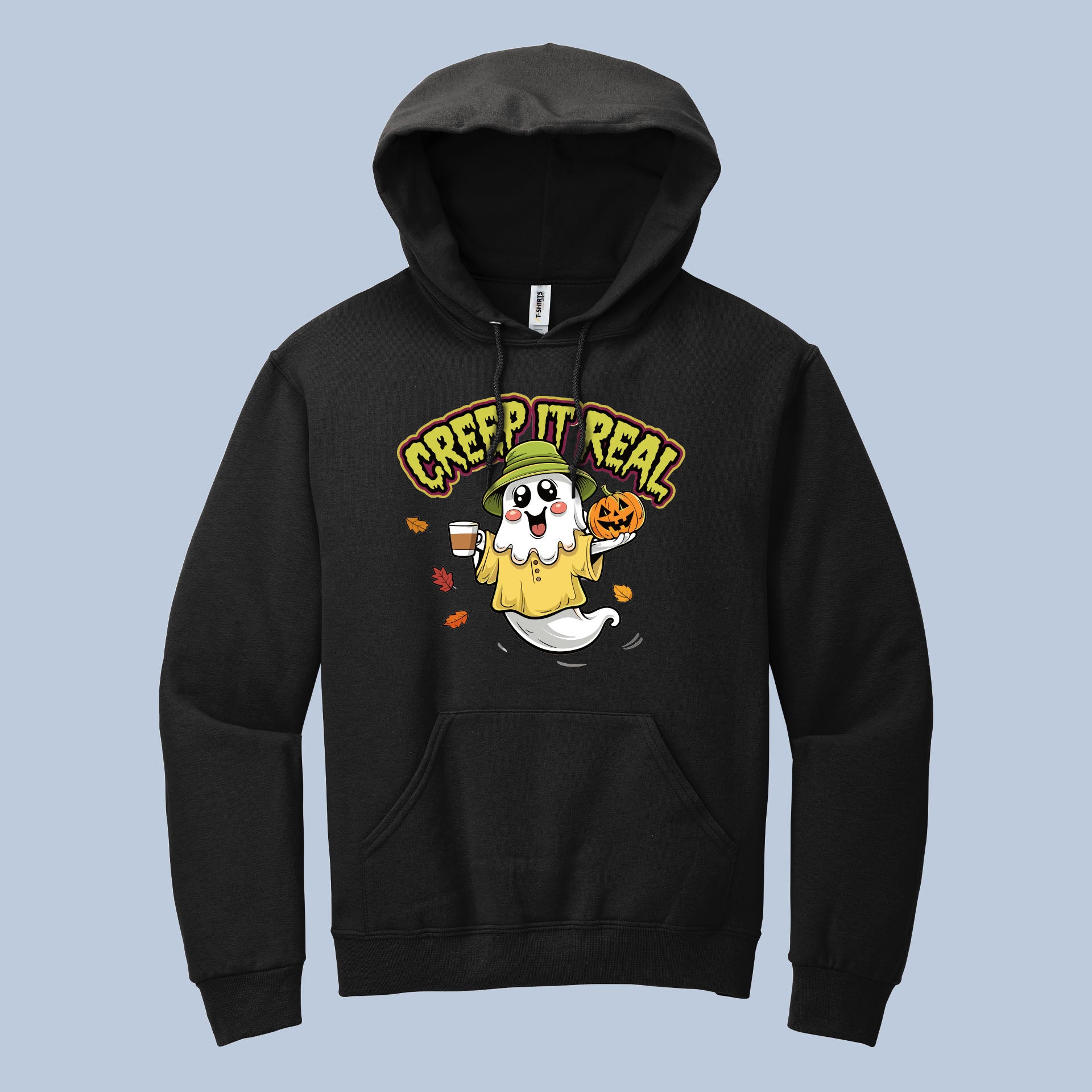Creep It Real Halloween Hoodie – Cute Ghost with Pumpkin & Coffee Sweatshirt for Spooky Season