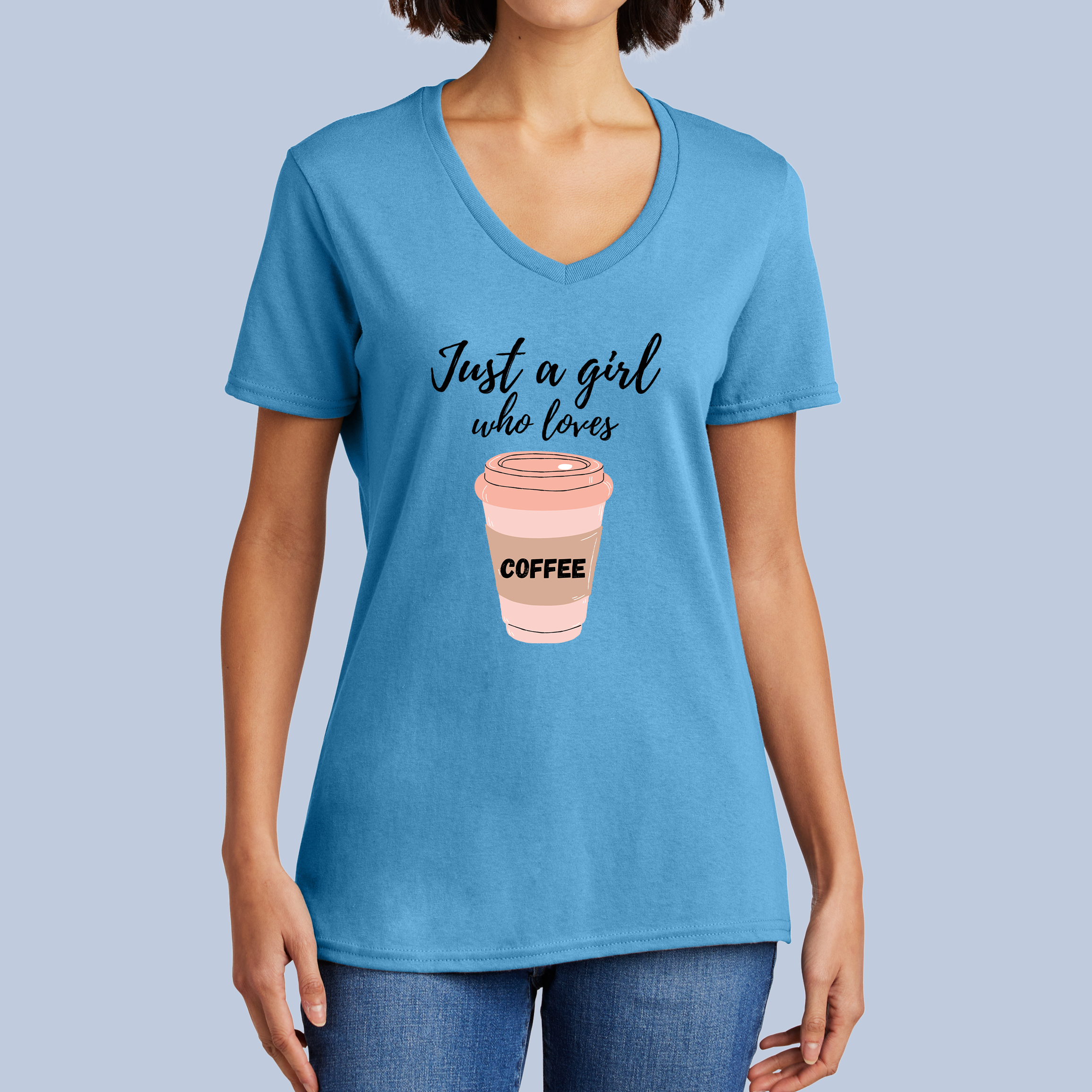Just a Girl Who Loves Coffee V-Neck Cotton T-Shirt - Coffee Lover Tee for Women 5