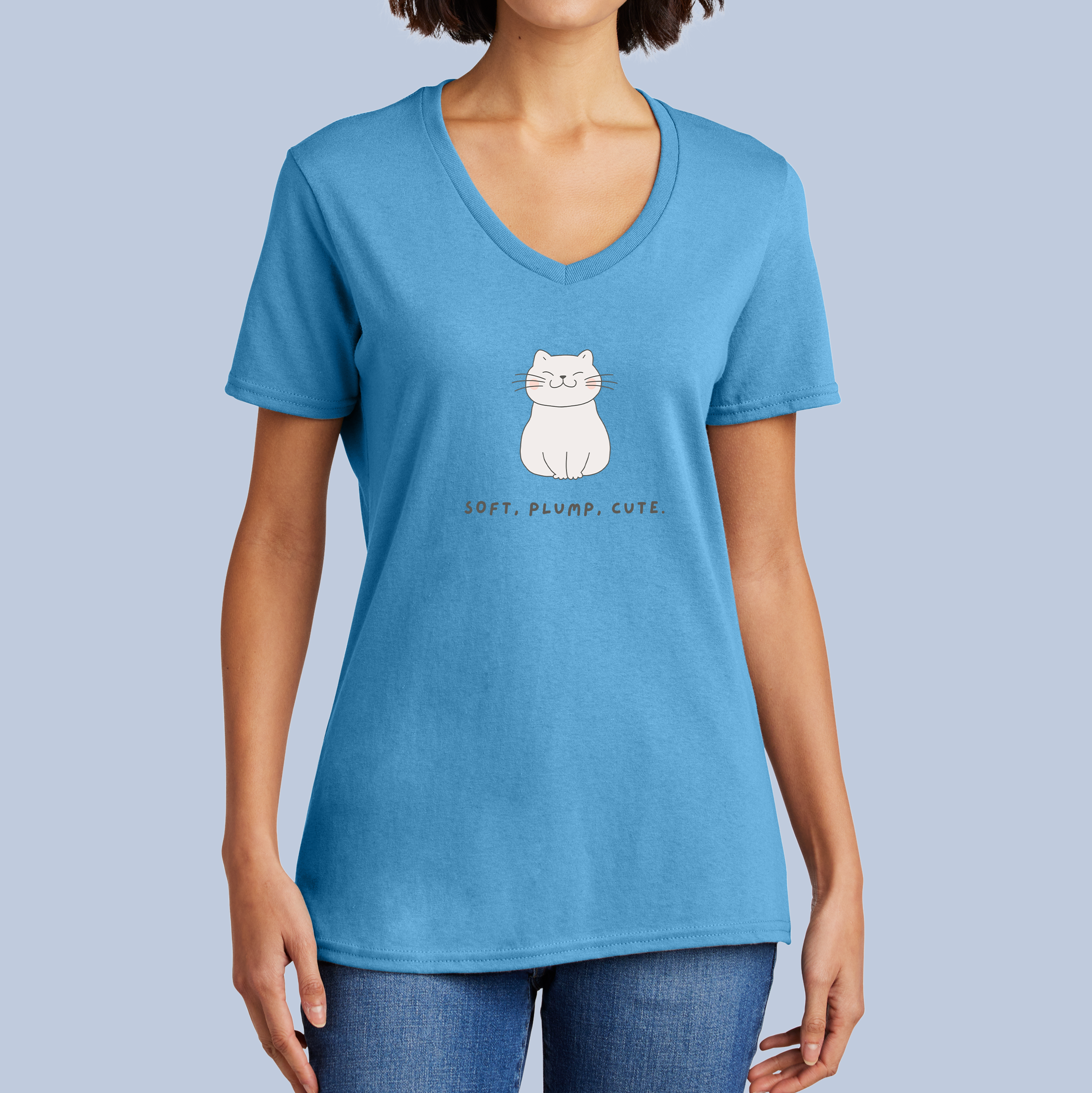 Soft, Plump, Cute Cat V-Neck Cotton T-Shirt - Adorable Kitty Tee for Women 5
