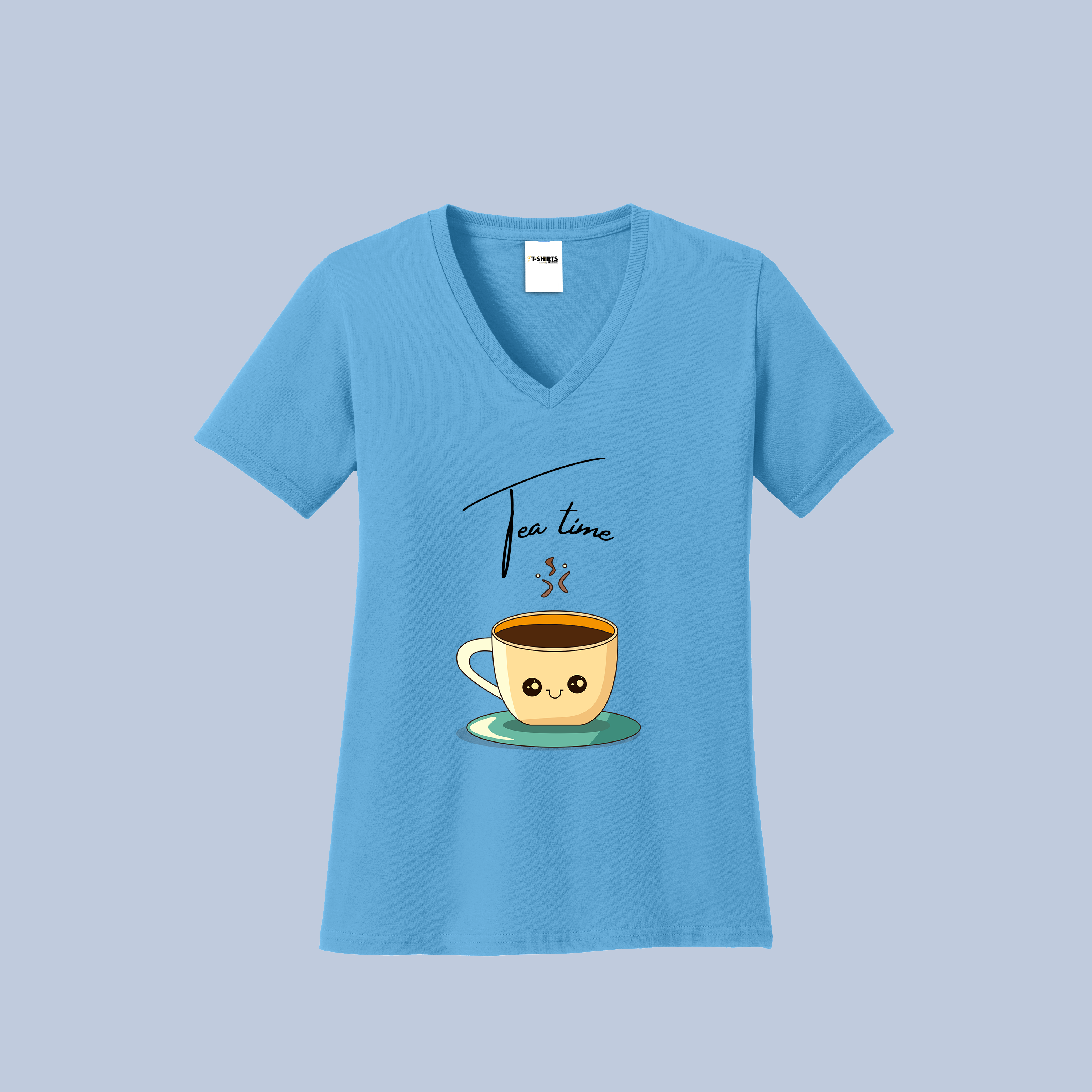 Tea Time V-Neck Cotton T-Shirt - Cute Steaming Cup Tee for Women
