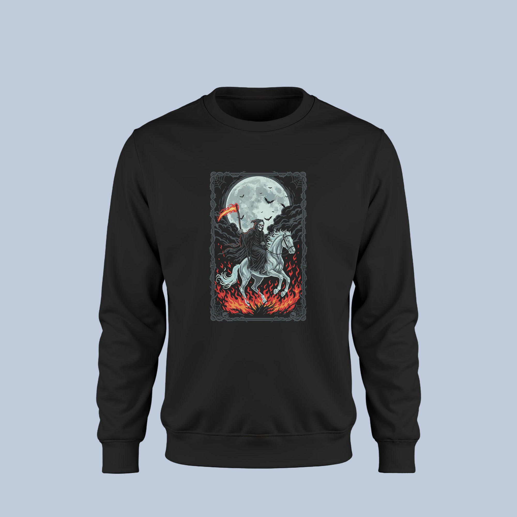 Grim Reaper Halloween Sweatshirt – Death Rider on Fire Horse Gothic Crewneck – Spooky Horror Pullover for Men & Women