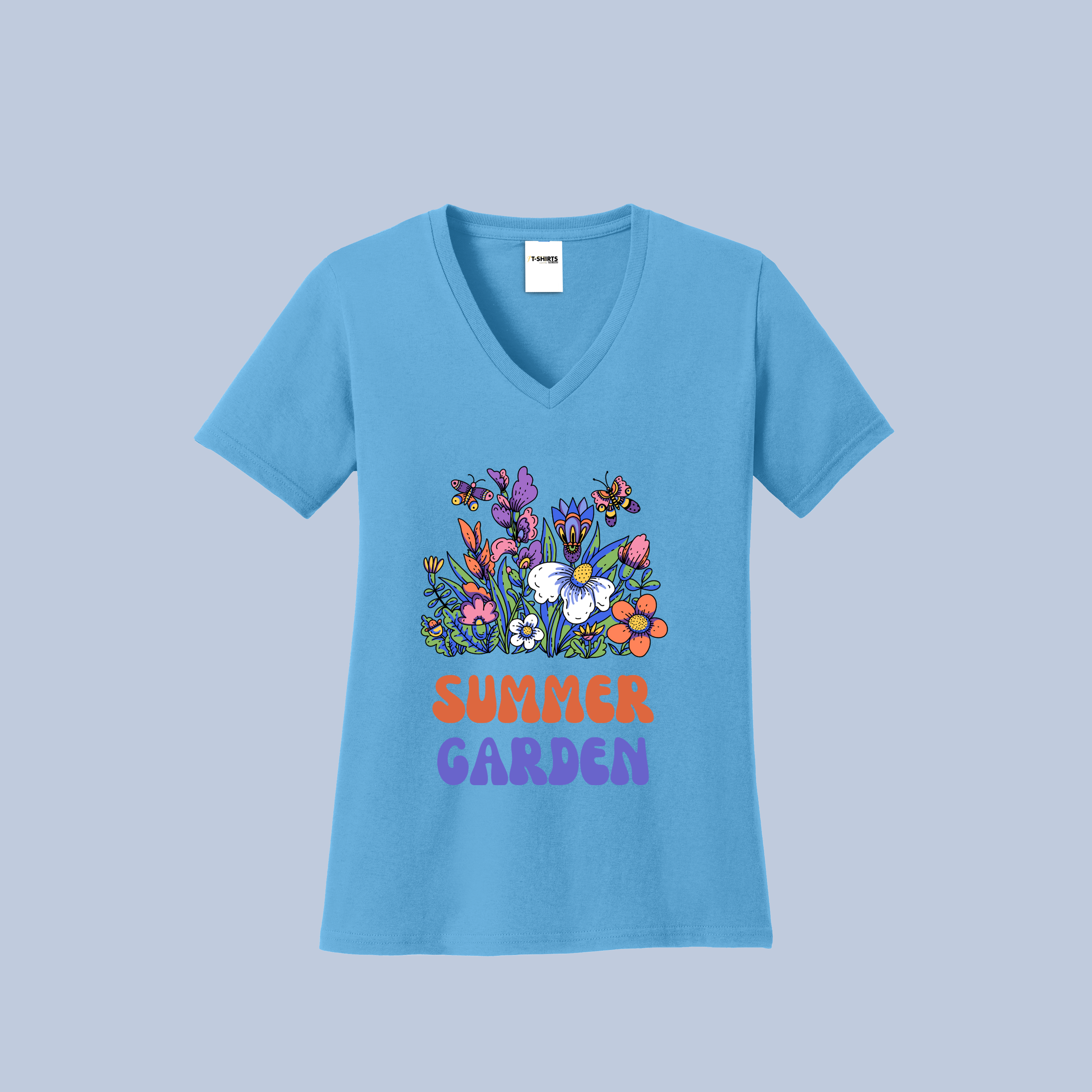 Summer Garden V-Neck Cotton T-Shirt - Vibrant Floral & Bee Tee for Women