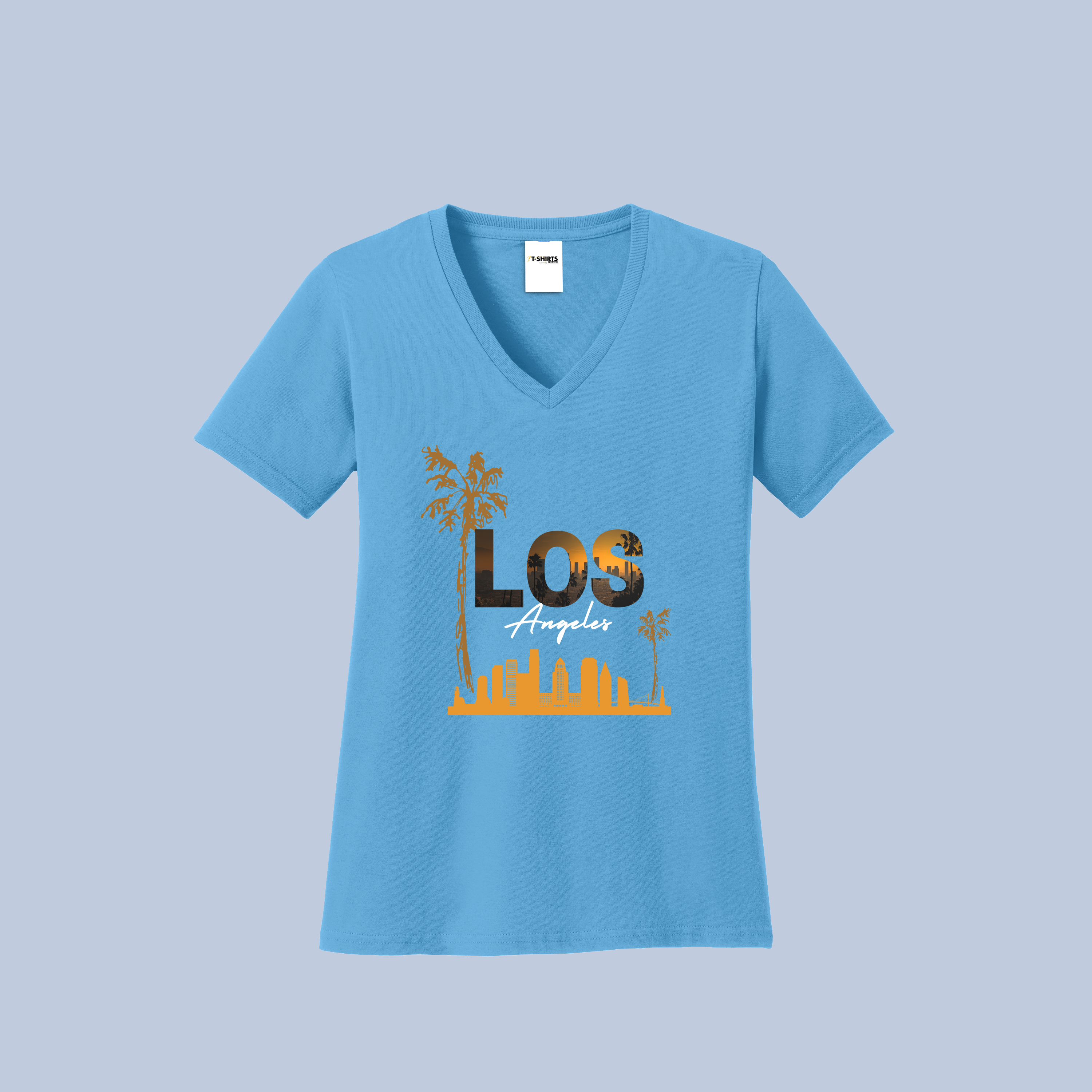 Los Angeles Sunset V-Neck Cotton T-Shirt - California Cityscape Tee for Women
