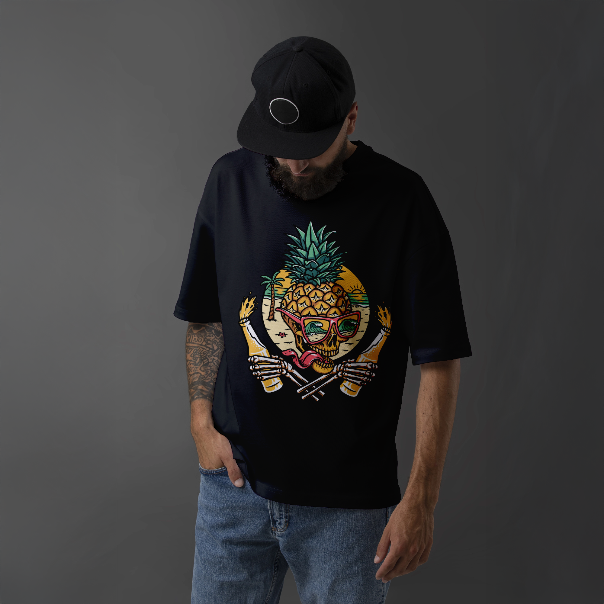 "Tropical Skull Pineapple" Beach Vibes Graphic T-Shirt - Black Unisex Tee