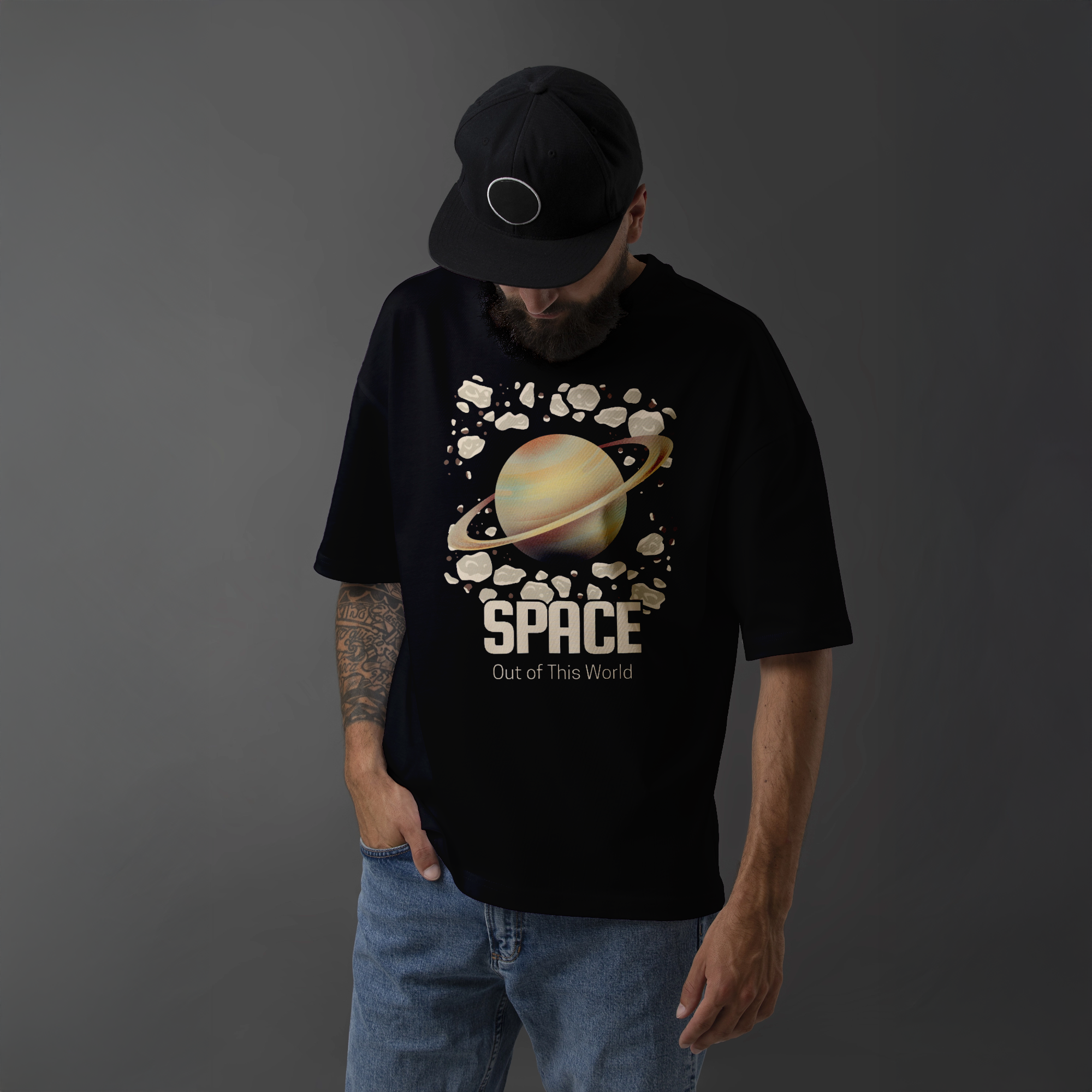 Space Out of This World Saturn & Asteroids Black T-Shirt