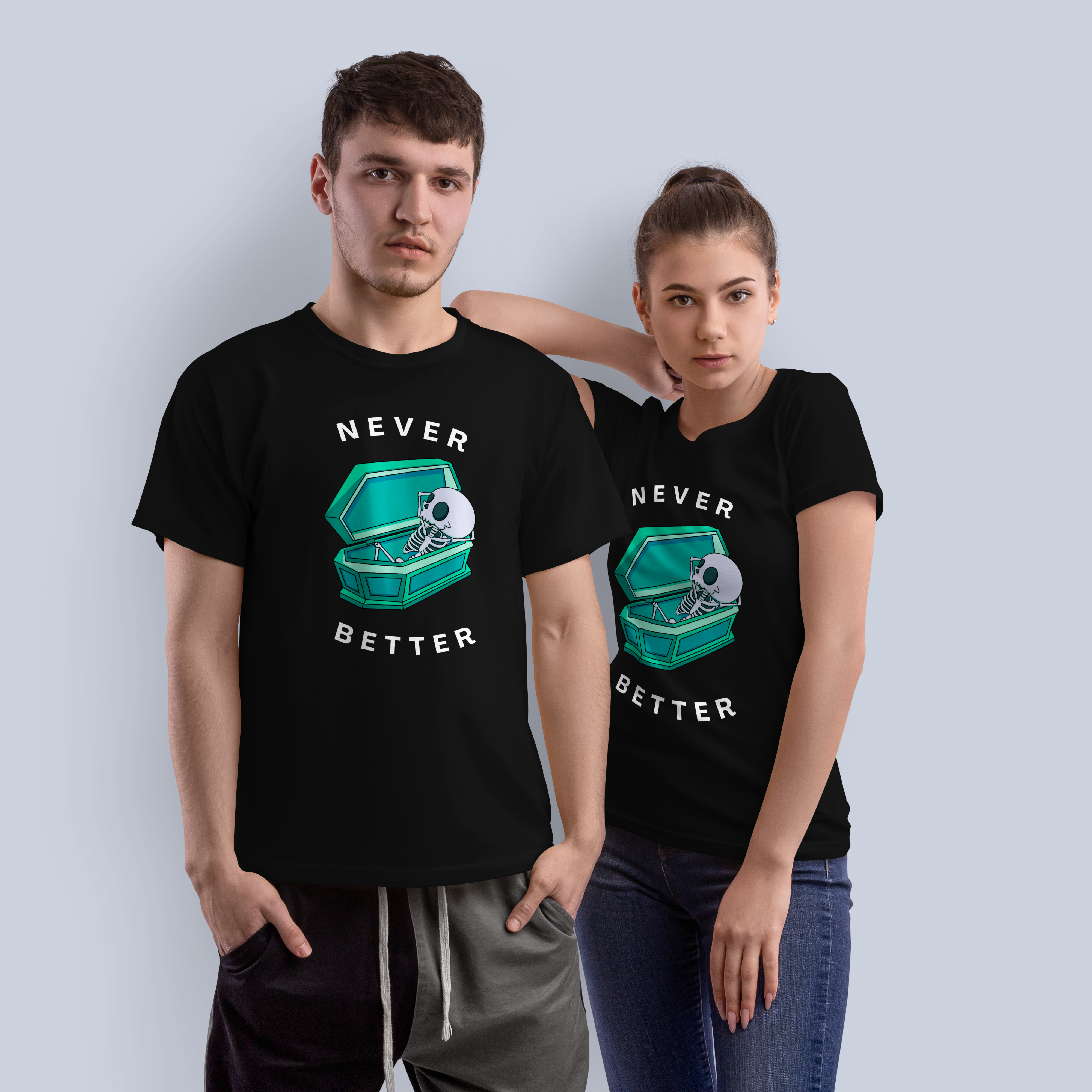 Never Better Skeleton in Coffin Funny Goth T-Shirt