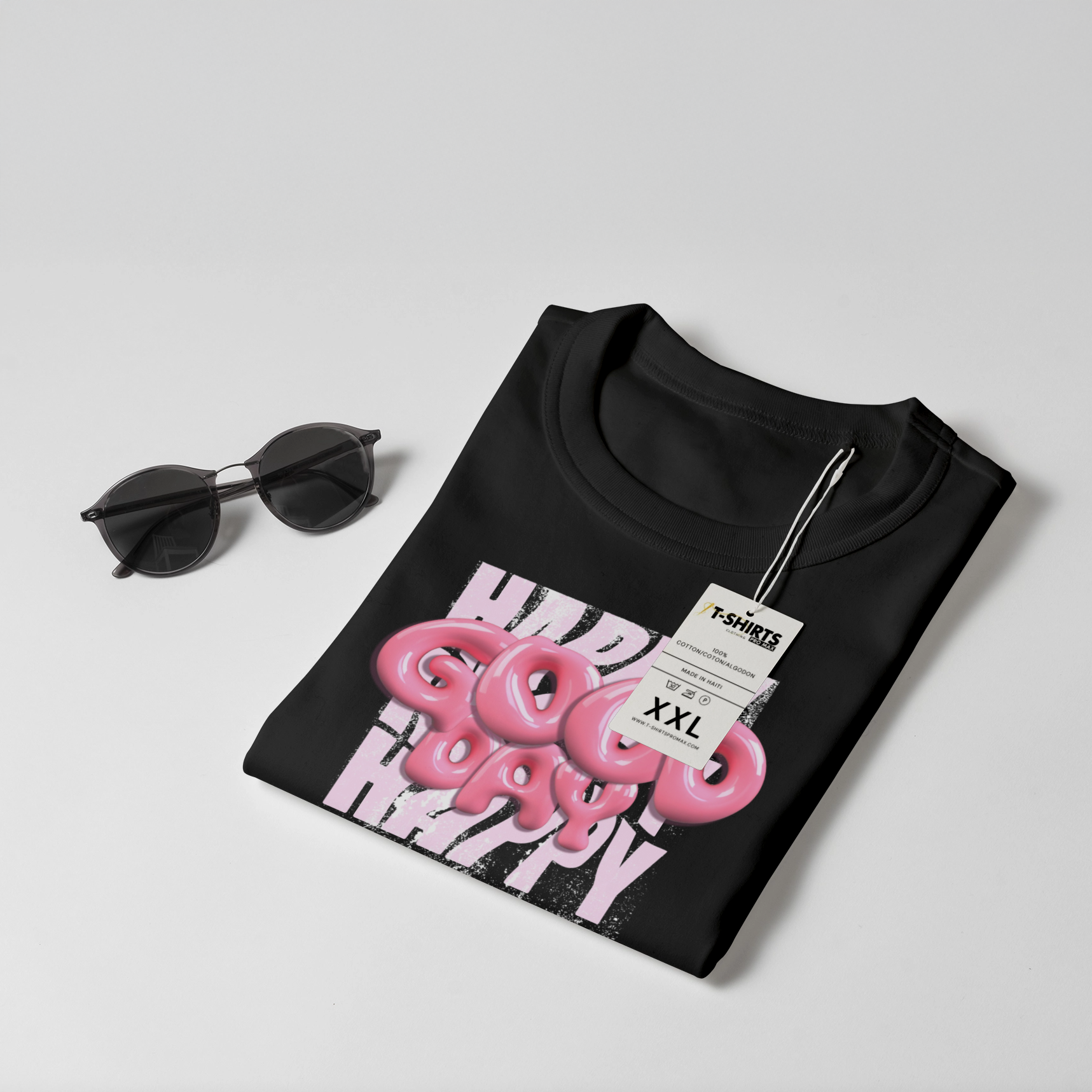"Happy Good Happy" Donut Font Black T-Shirt 4