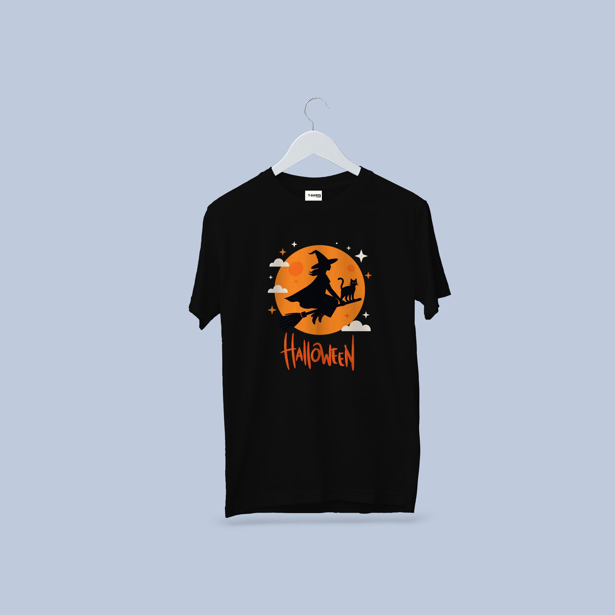 Halloween Witch T-Shirt – Spooky Flying Witch and Cat Tee with Full Moon