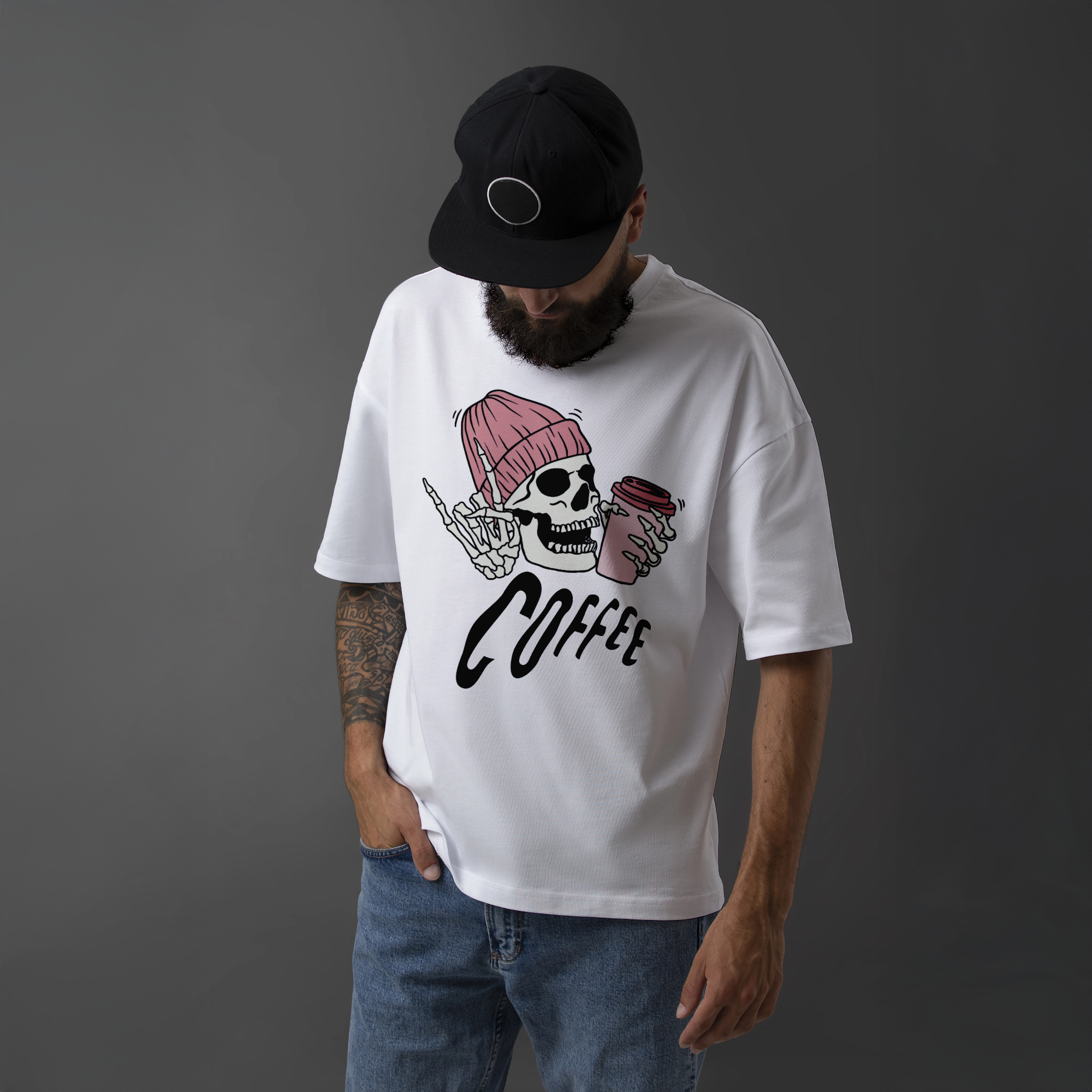 "Pink Beanie Skull Coffee" Graphic T-Shirt - White Unisex Tee