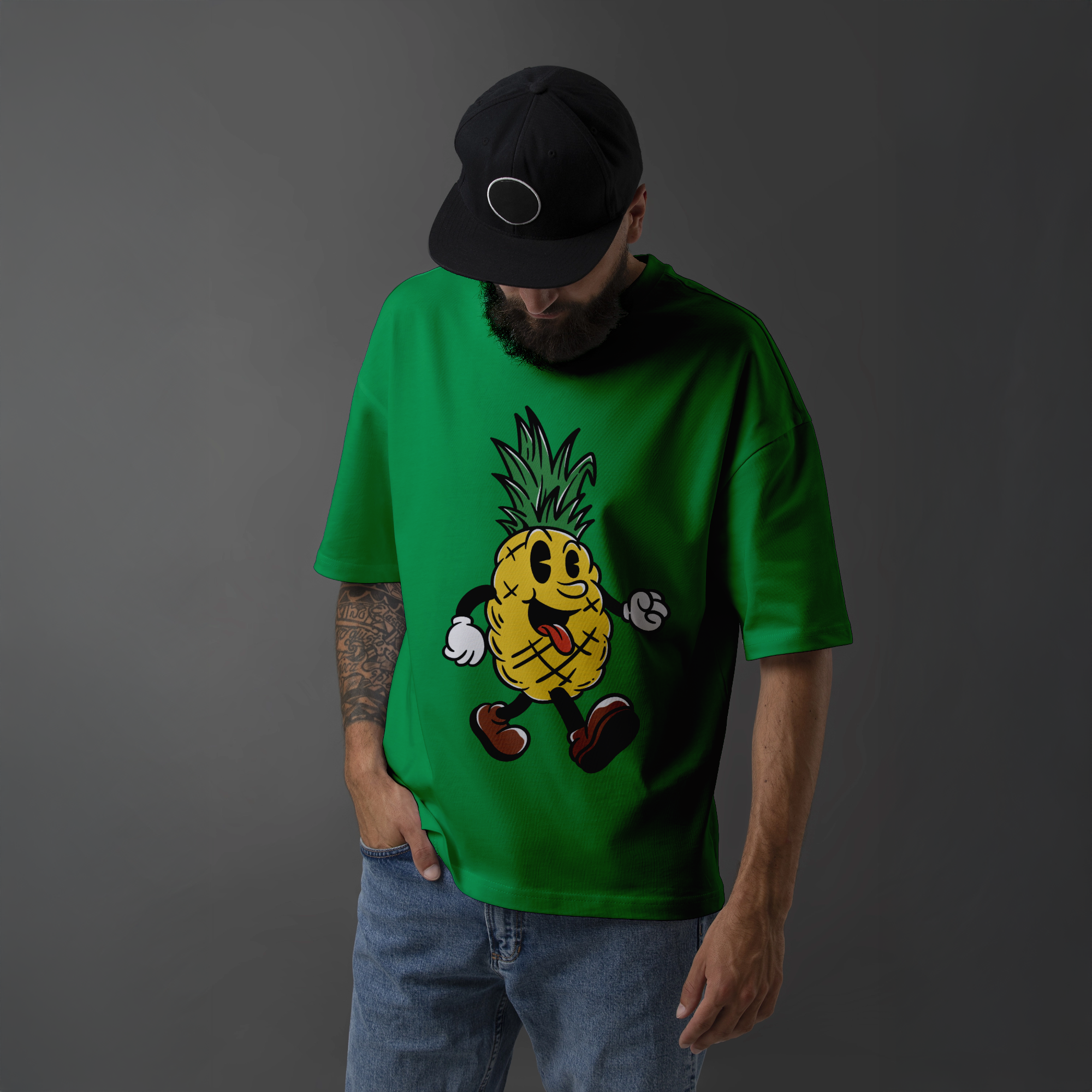 "Happy Go Lucky Pineapple" Cartoon Graphic T-Shirt - Green Unisex Tee