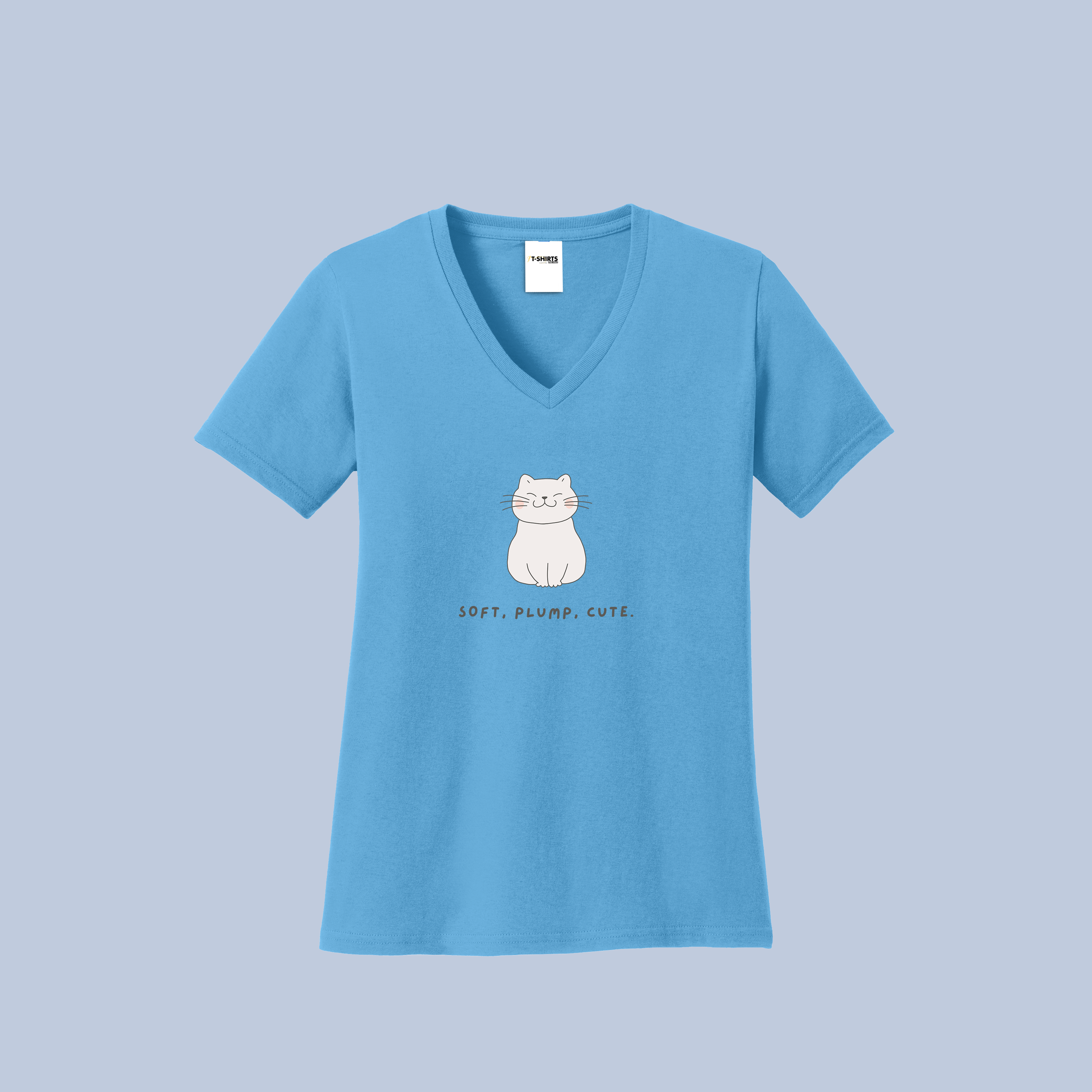 Soft, Plump, Cute Cat V-Neck Cotton T-Shirt - Adorable Kitty Tee for Women