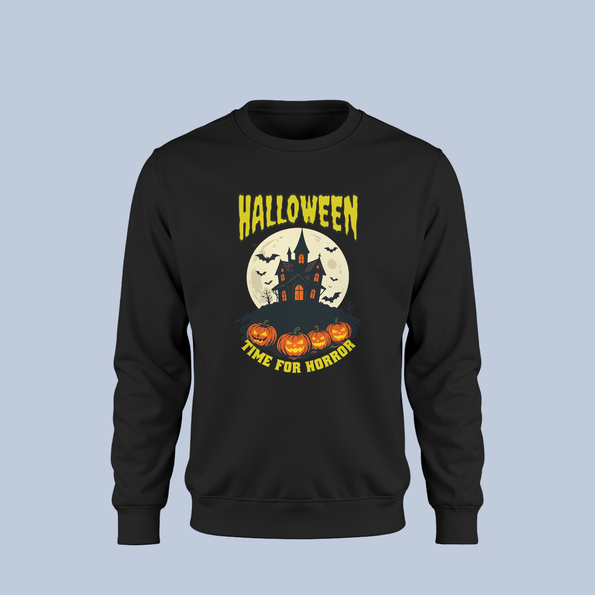 Haunted House Halloween Sweatshirt – Spooky Pumpkin Moon Crewneck – Time for Horror Fall Pullover for Men & Women