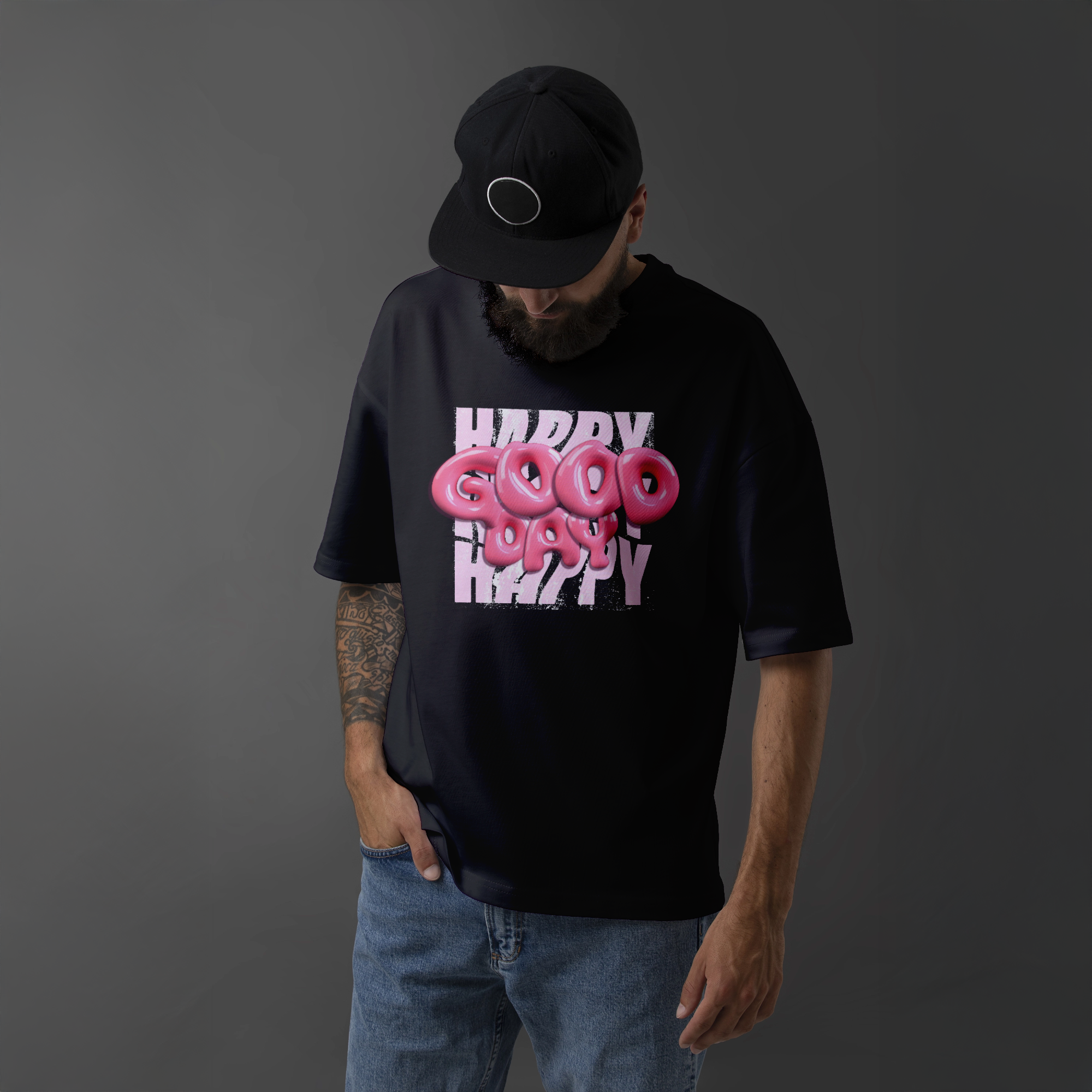 "Happy Good Happy" Donut Font Black T-Shirt