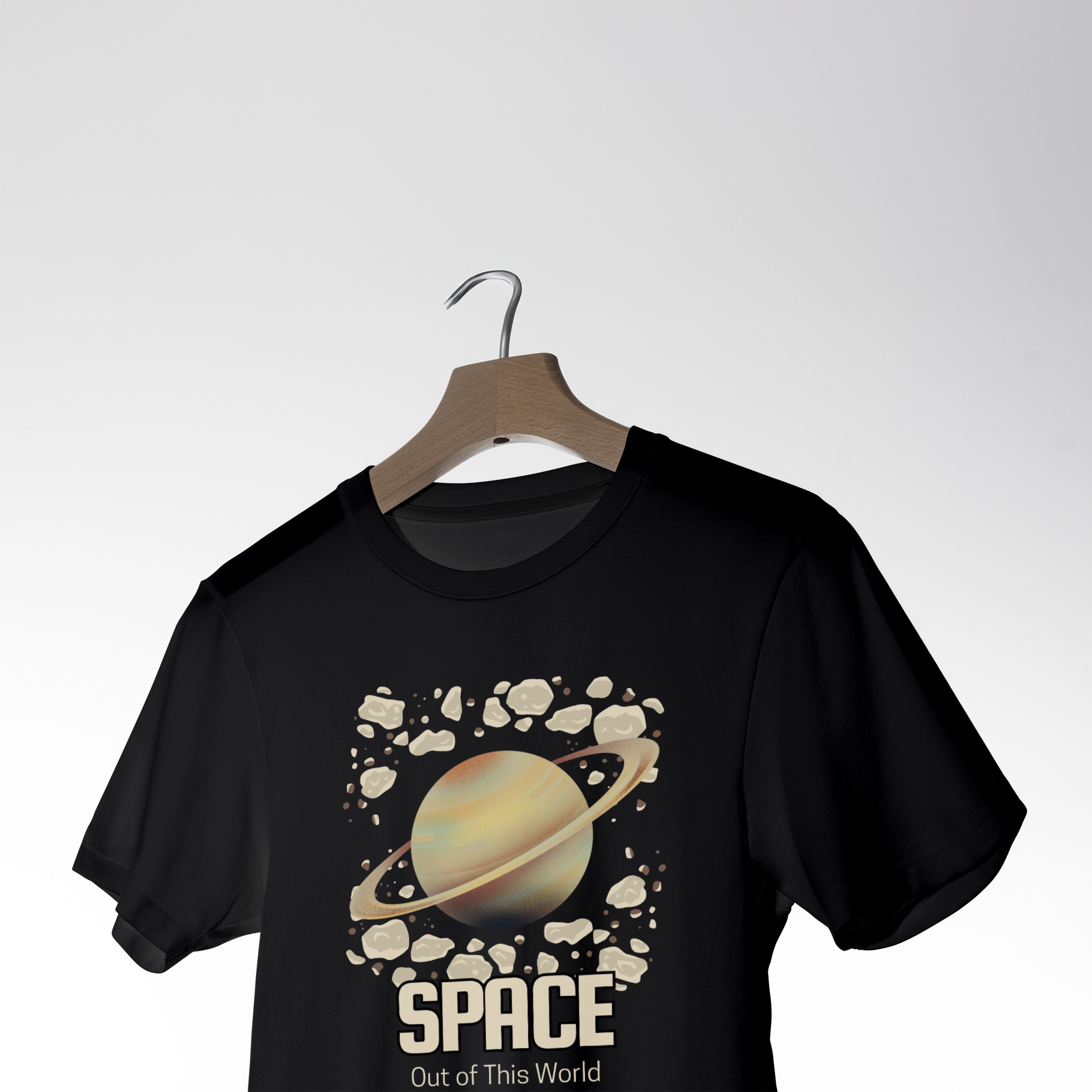 Space Out of This World Saturn & Asteroids Black T-Shirt 3