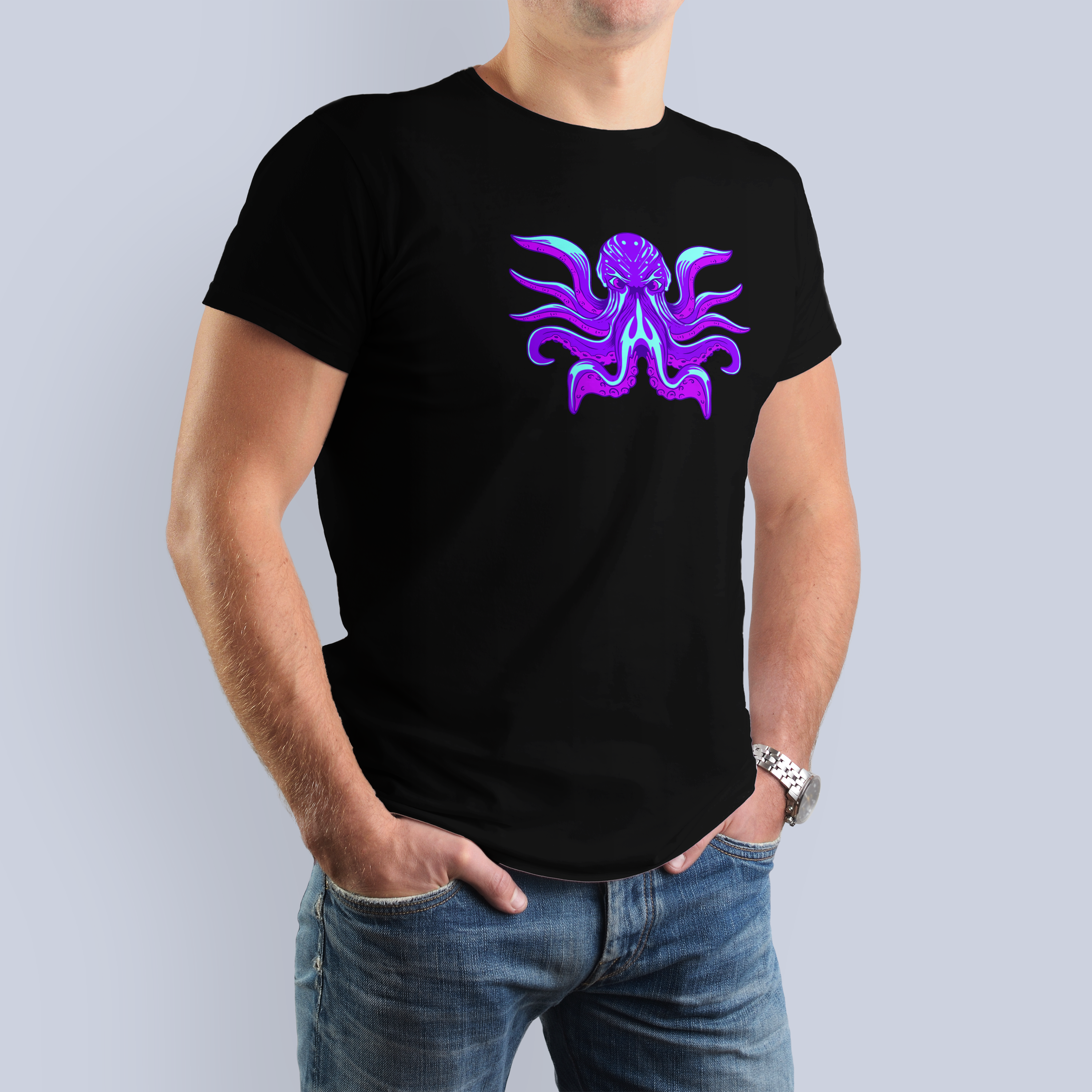 Vibrant Neon Octopus Graphic Tee | Deep Sea Creature Black T-Shirt 3