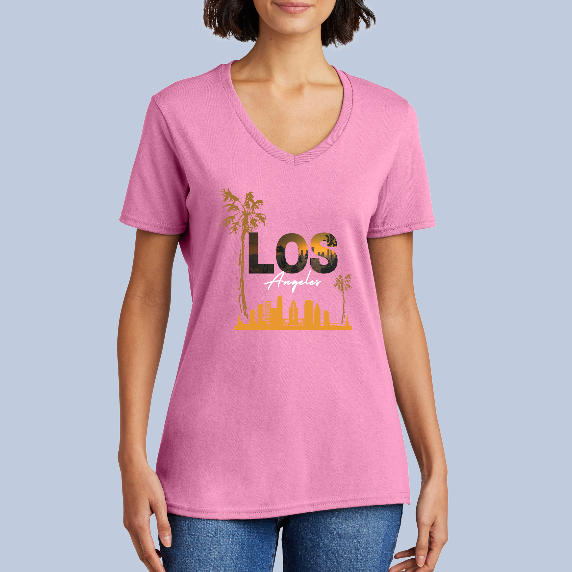Los Angeles Sunset V-Neck Cotton T-Shirt - California Cityscape Tee for Women 6